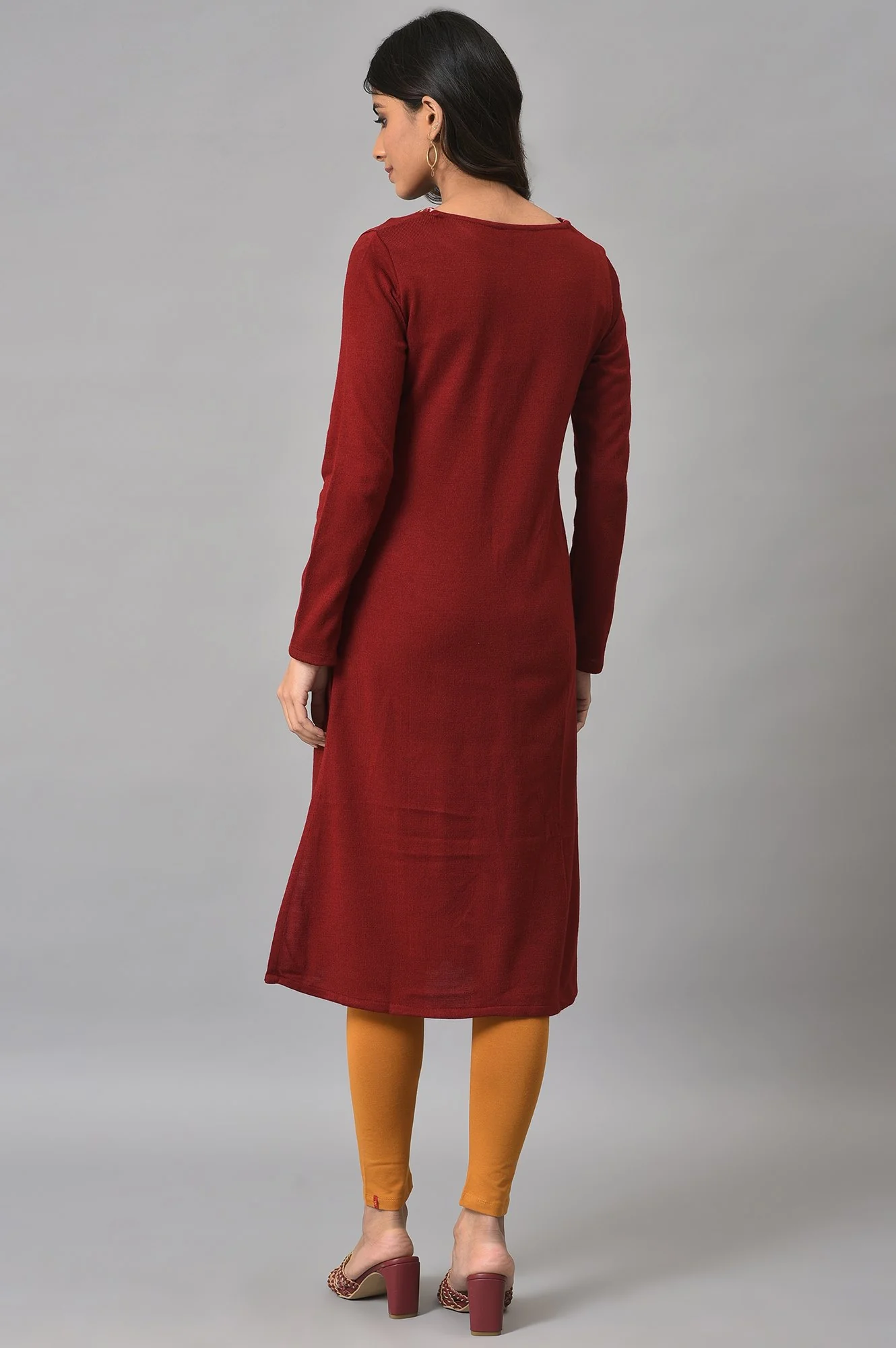 Deep Red Embroidered Winter kurta - Image 2