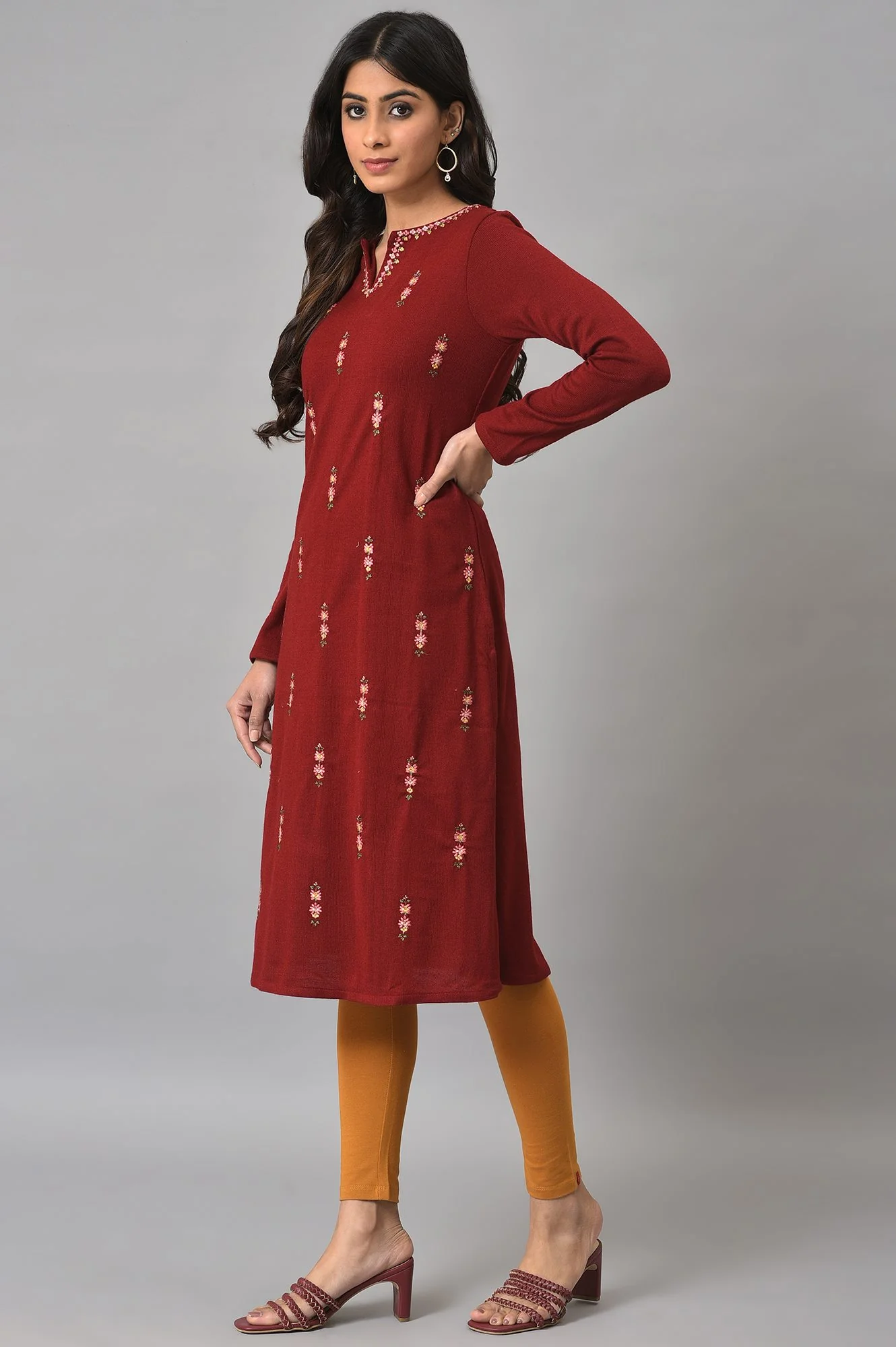 Deep Red Embroidered Winter kurta - Image 3