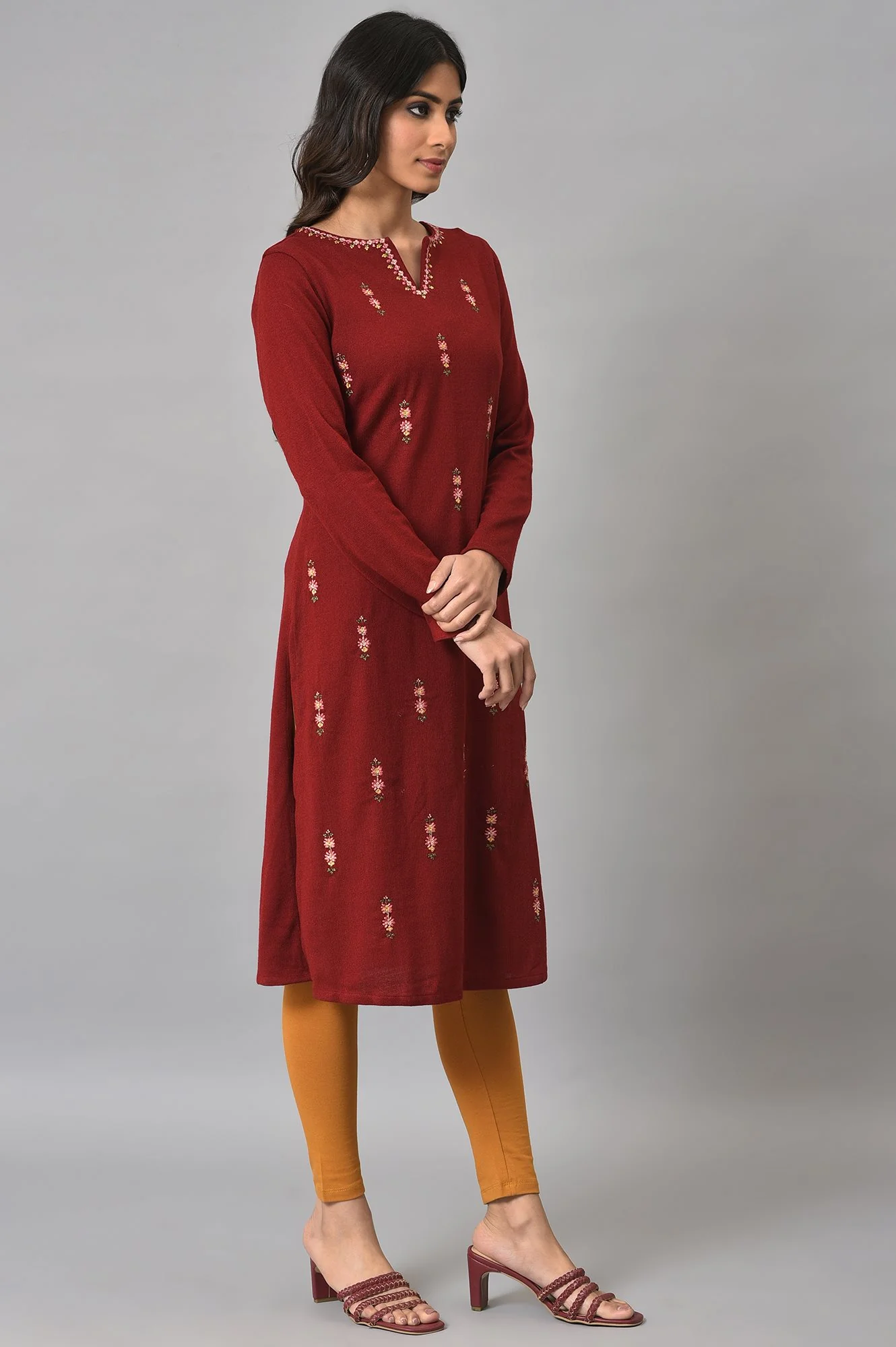 Deep Red Embroidered Winter kurta - Image 4