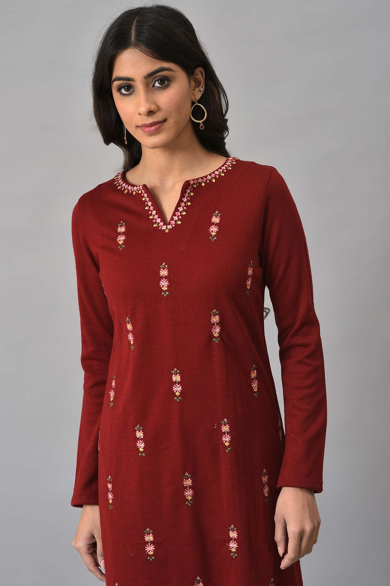 Deep Red Embroidered Winter kurta - Image 5