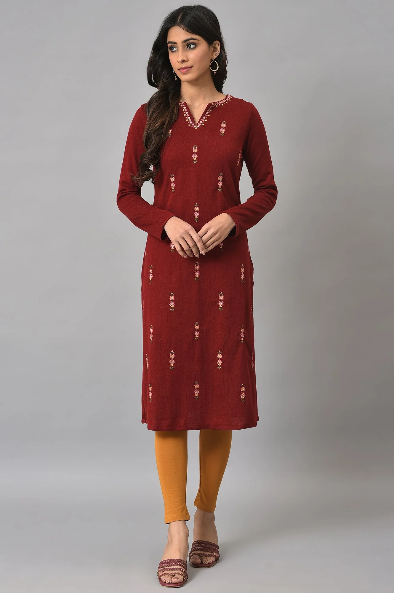 Deep Red Embroidered Winter kurta - Image 6