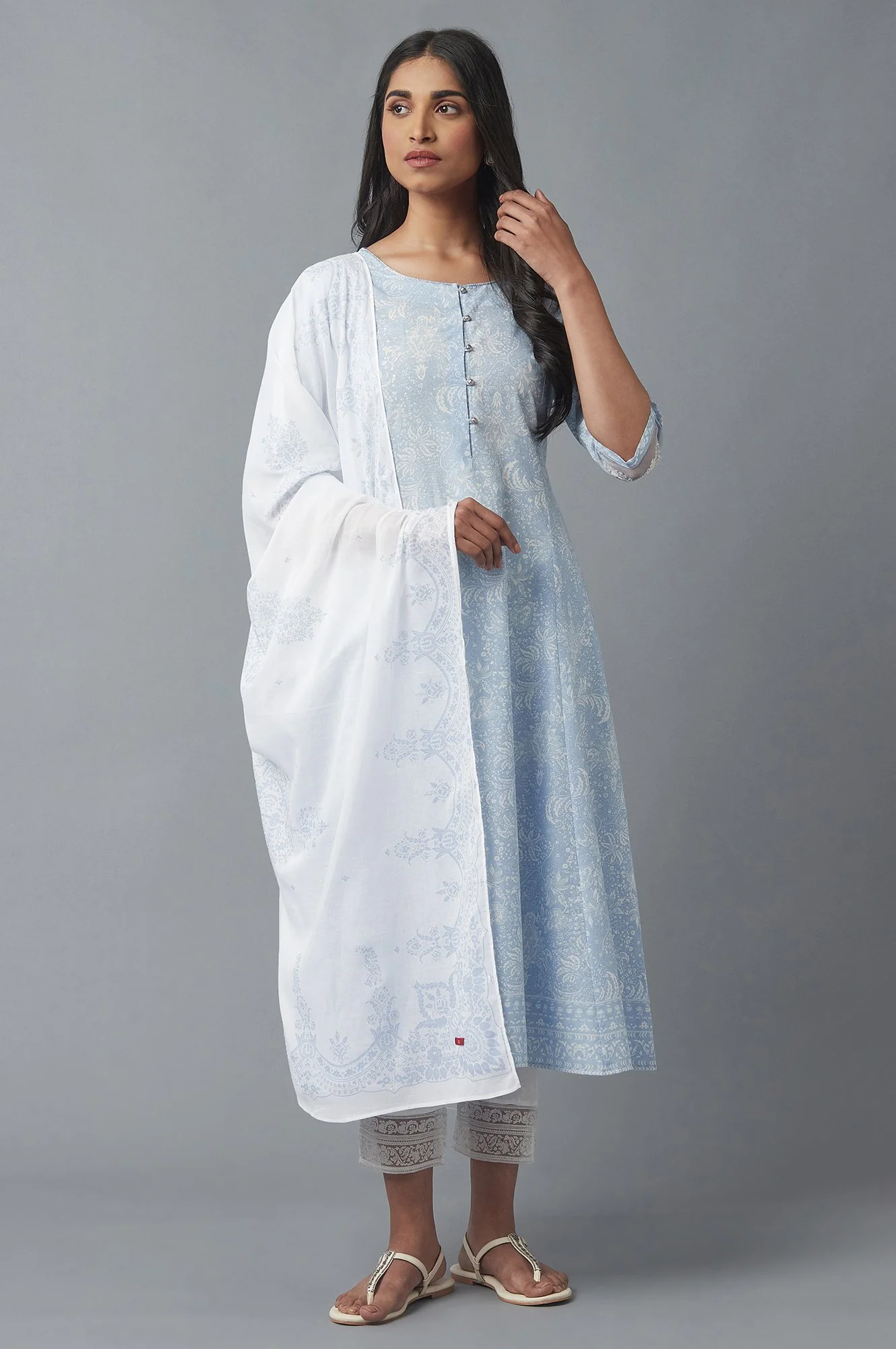 Ecru and Blue Printed Voile Dupatta - Image 2