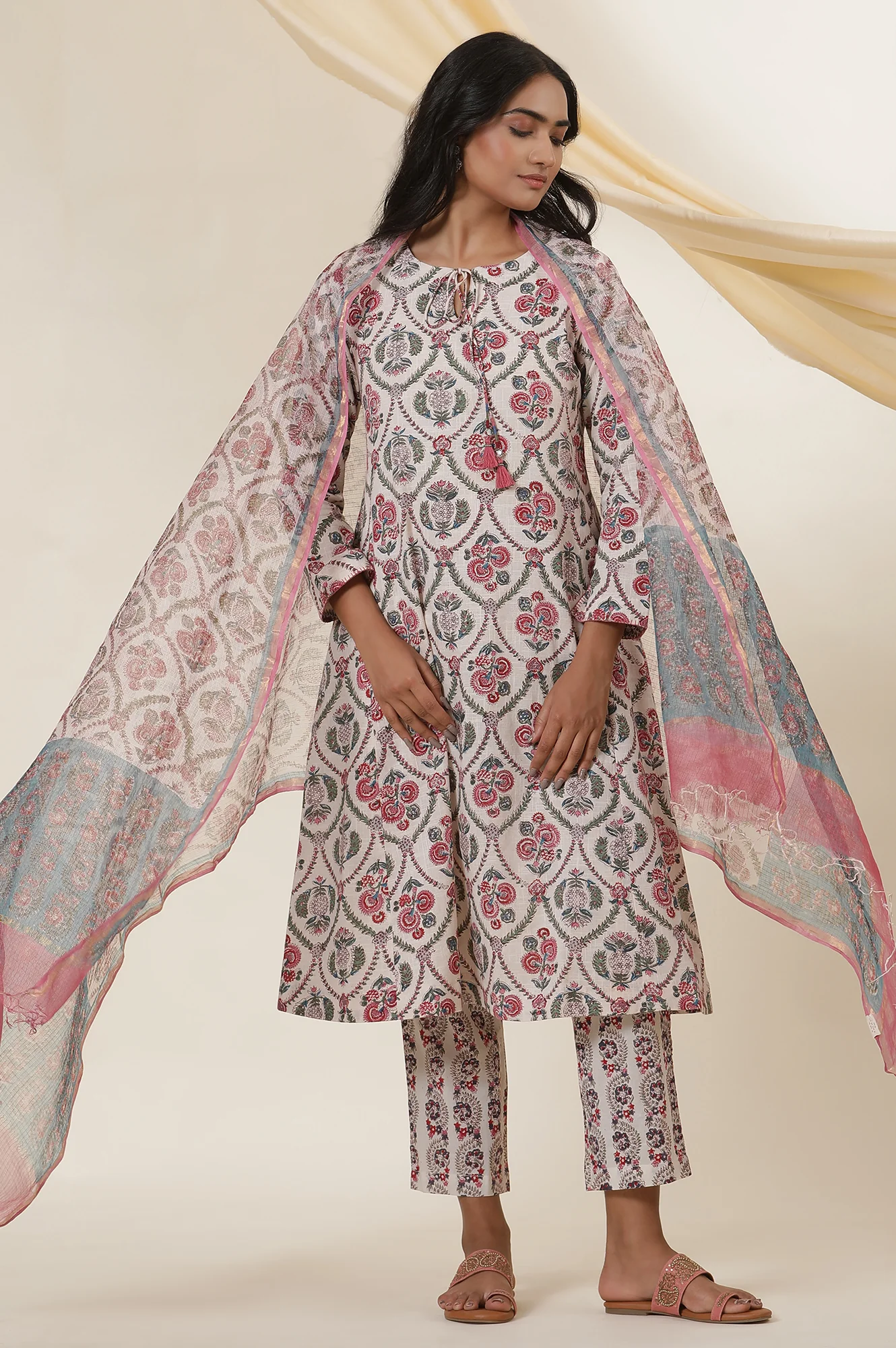Ecru Block Printed Kota Doria Drape - Image 2