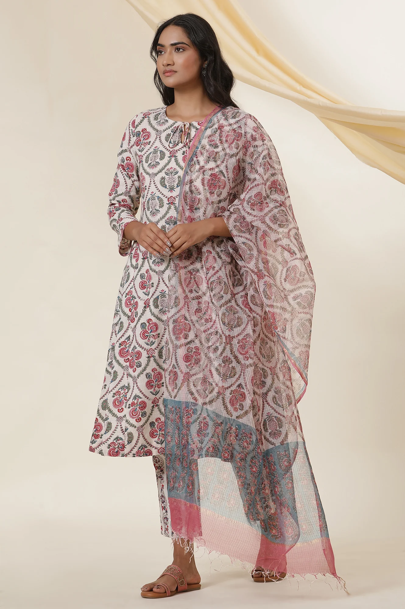 Ecru Block Printed Kota Doria Drape - Image 3
