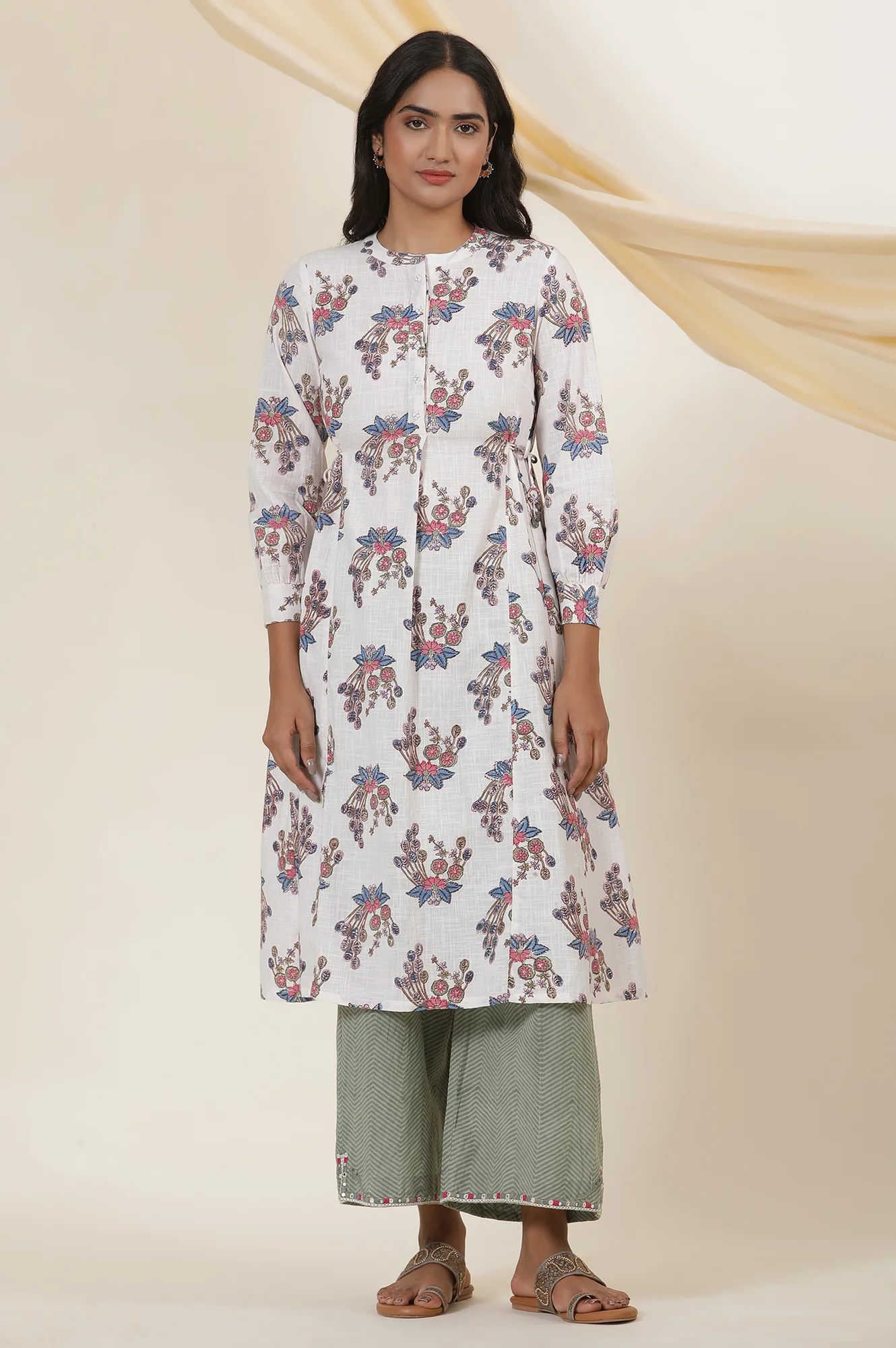 Ecru Block Printed Shirt Dress Kurta With Side Tie-Ups - Image 2