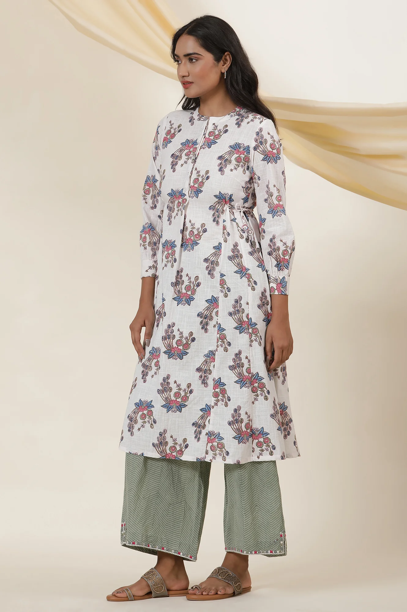 Ecru Block Printed Shirt Dress Kurta With Side Tie-Ups - Image 3