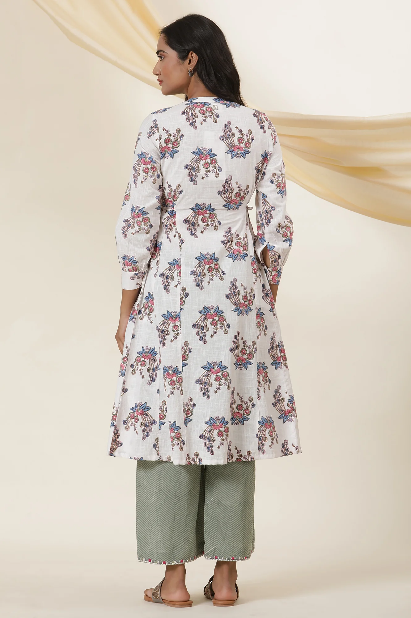 Ecru Block Printed Shirt Dress Kurta With Side Tie-Ups - Image 4
