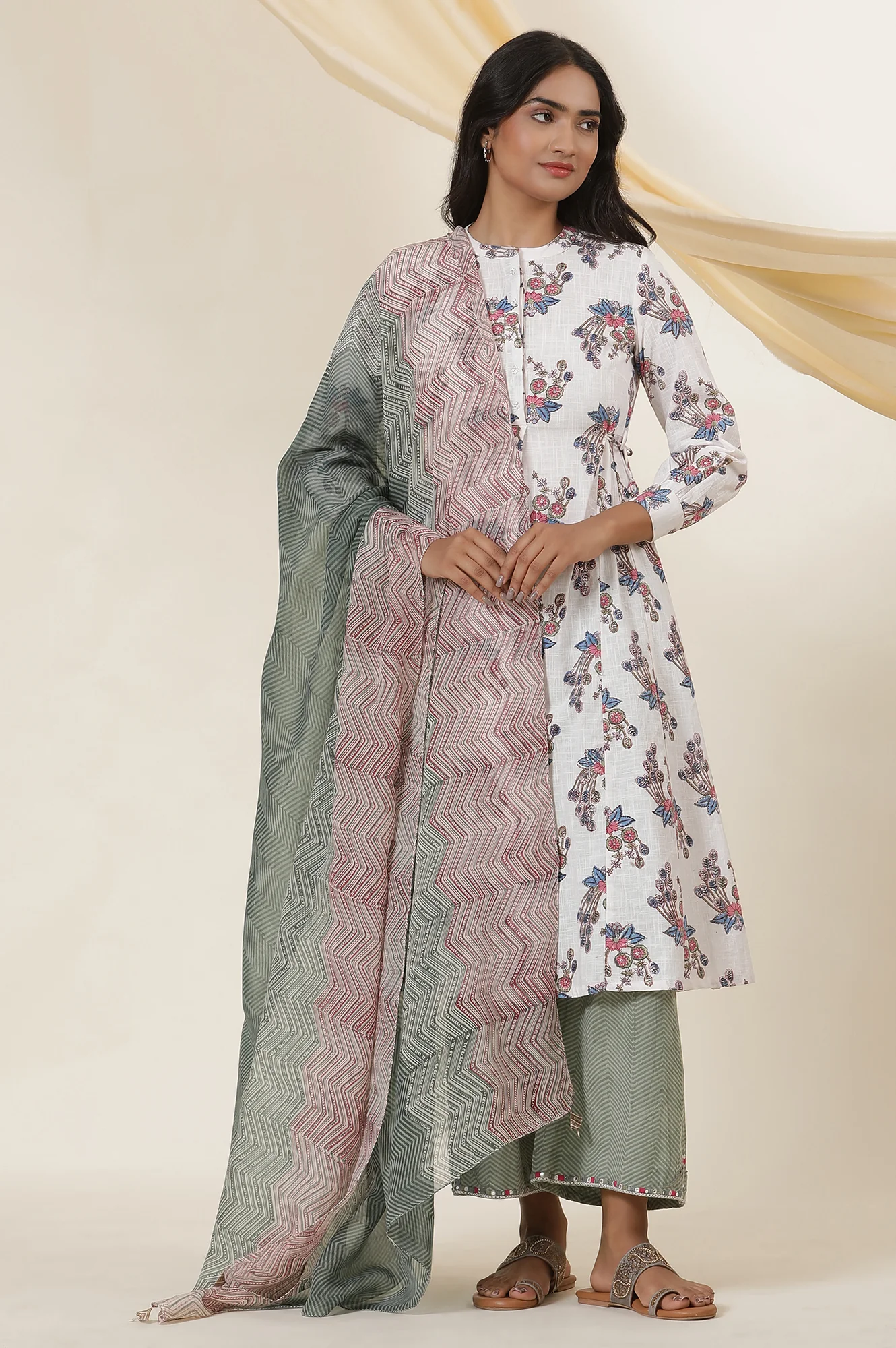 Ecru Block Printed Shirt Dress Kurta With Side Tie-Ups - Image 6