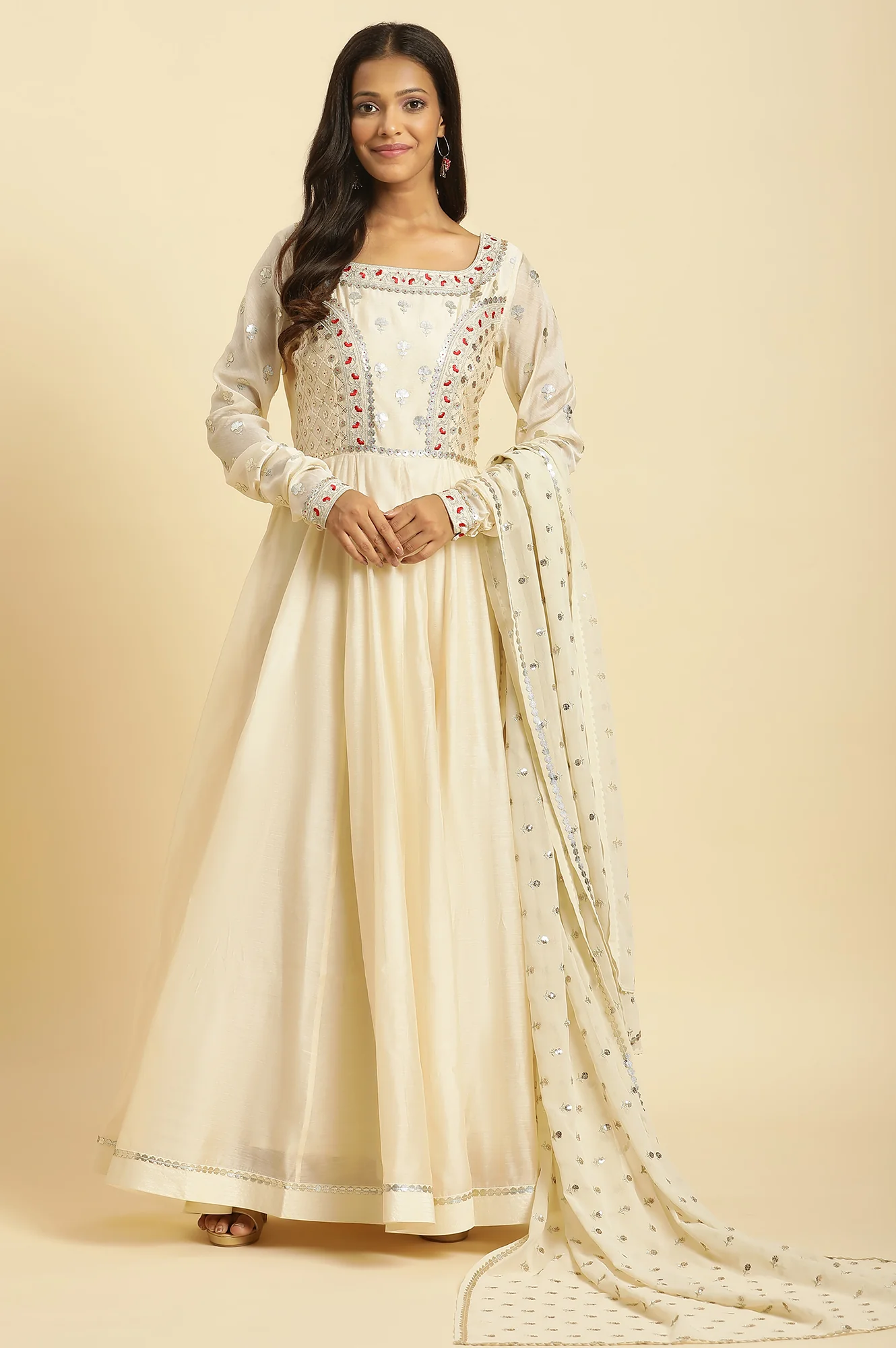 Ecru Chanderi Anakali Flared Kurta And Embroidered Georgette Dupatta Set - Image 2