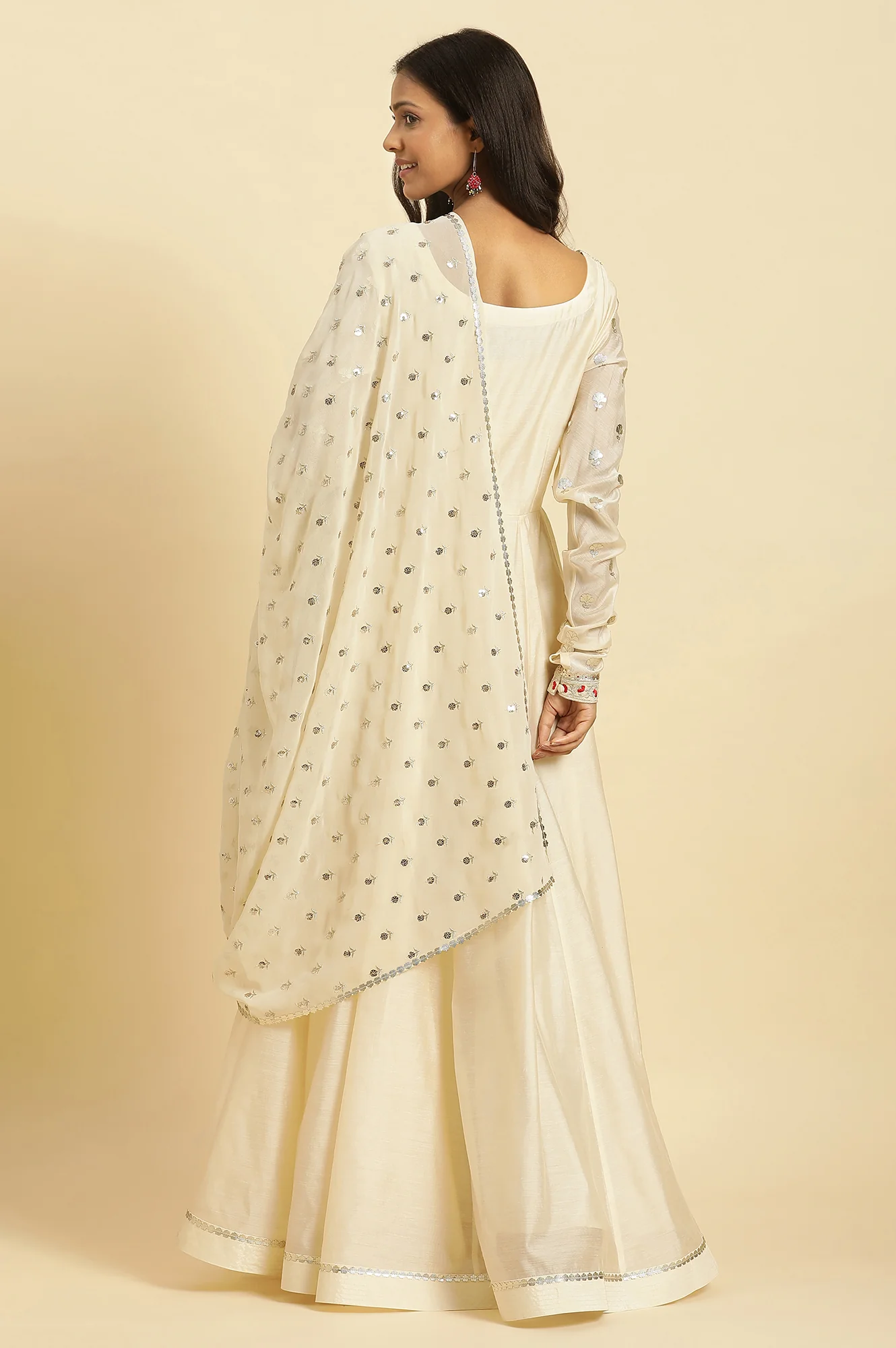 Ecru Chanderi Anakali Flared Kurta And Embroidered Georgette Dupatta Set - Image 4
