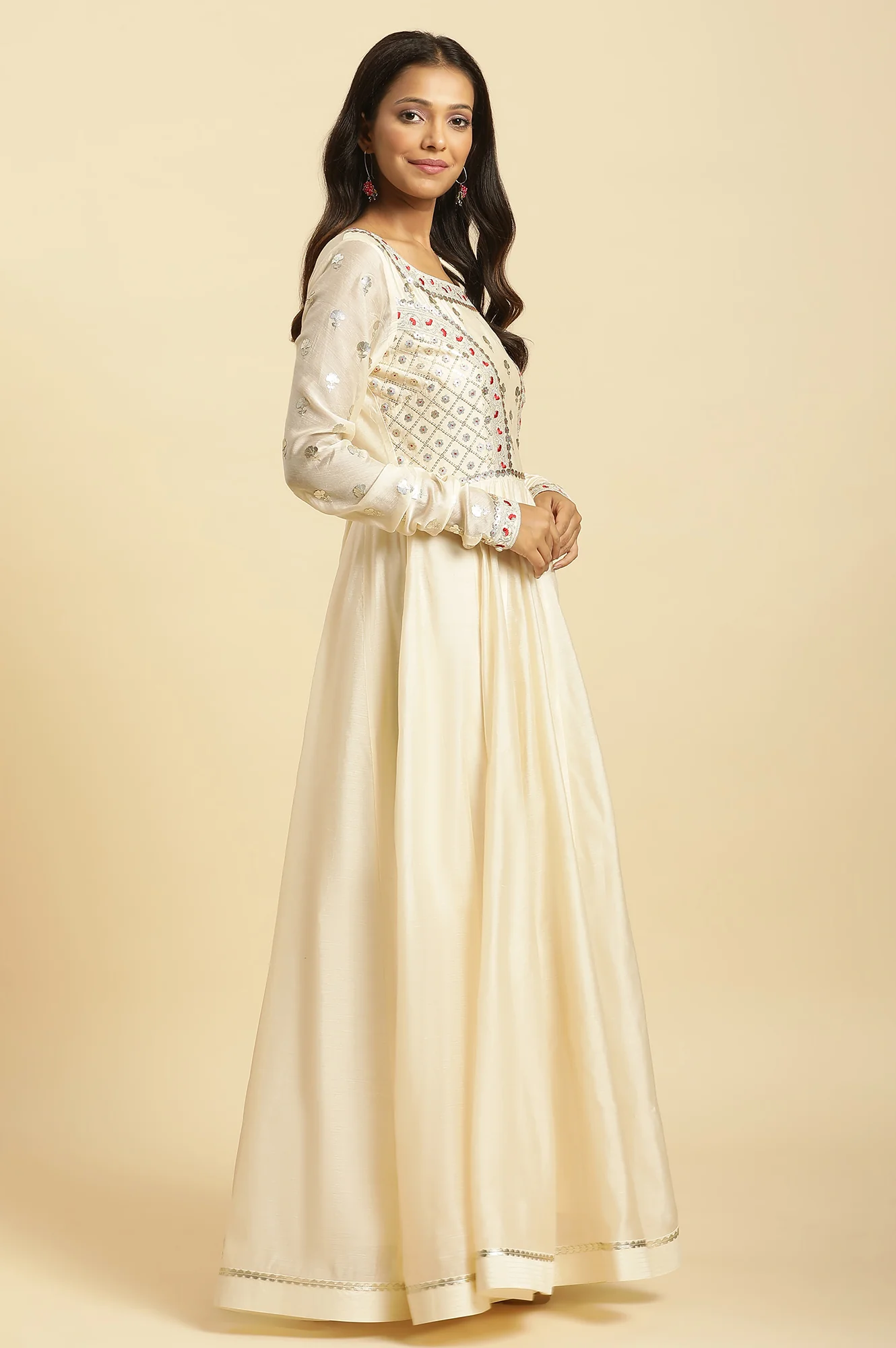Ecru Chanderi Anakali Flared Kurta And Embroidered Georgette Dupatta Set - Image 5