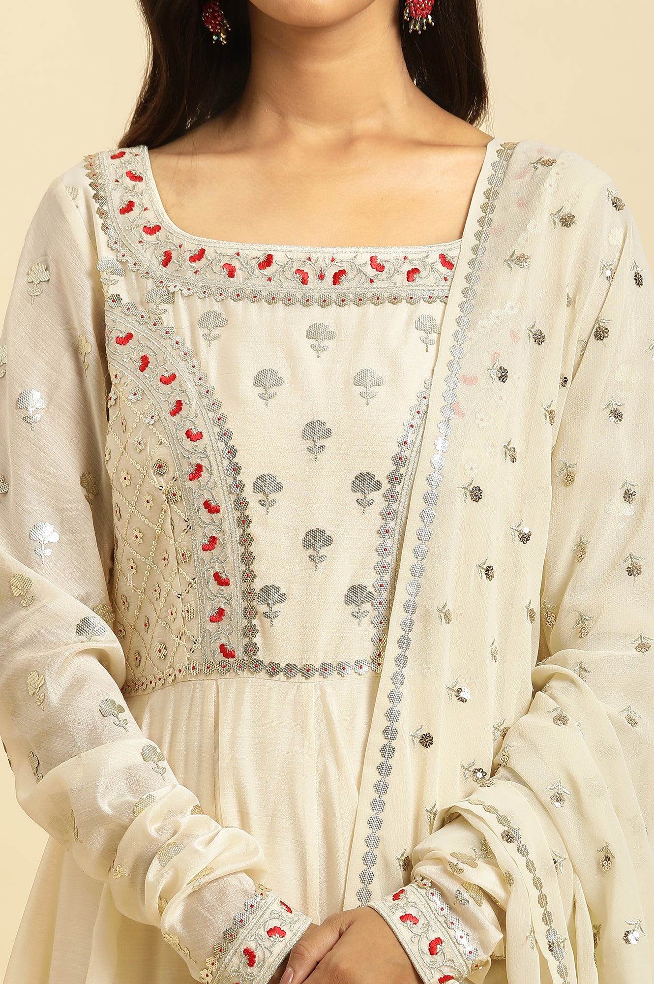 Ecru Chanderi Anakali Flared Kurta And Embroidered Georgette Dupatta Set - Image 6