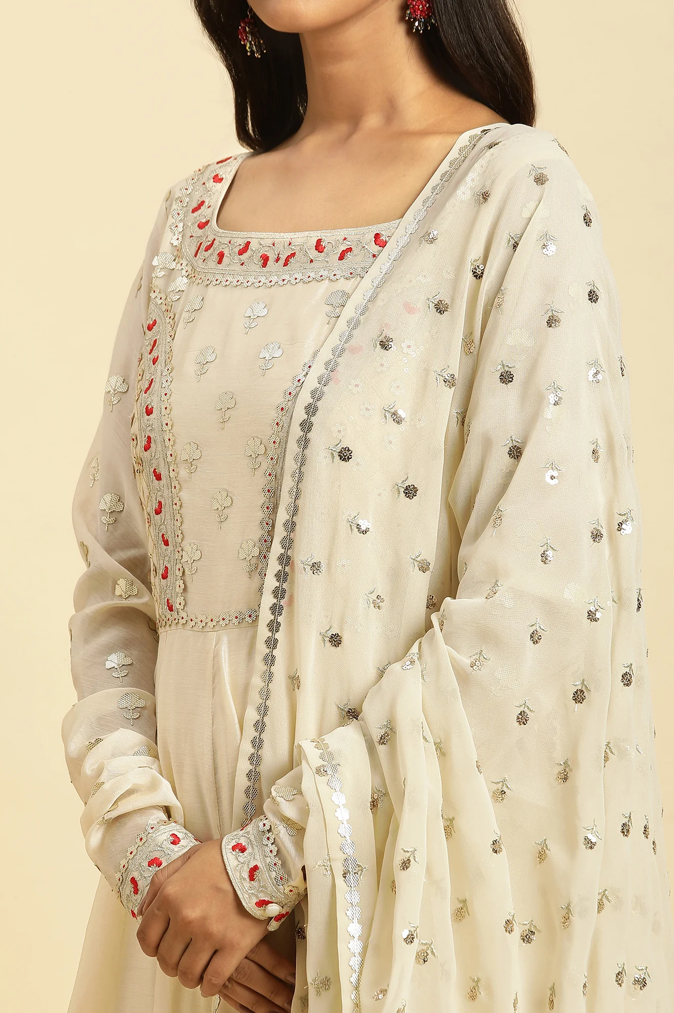 Ecru Chanderi Anakali Flared Kurta And Embroidered Georgette Dupatta Set - Image 7