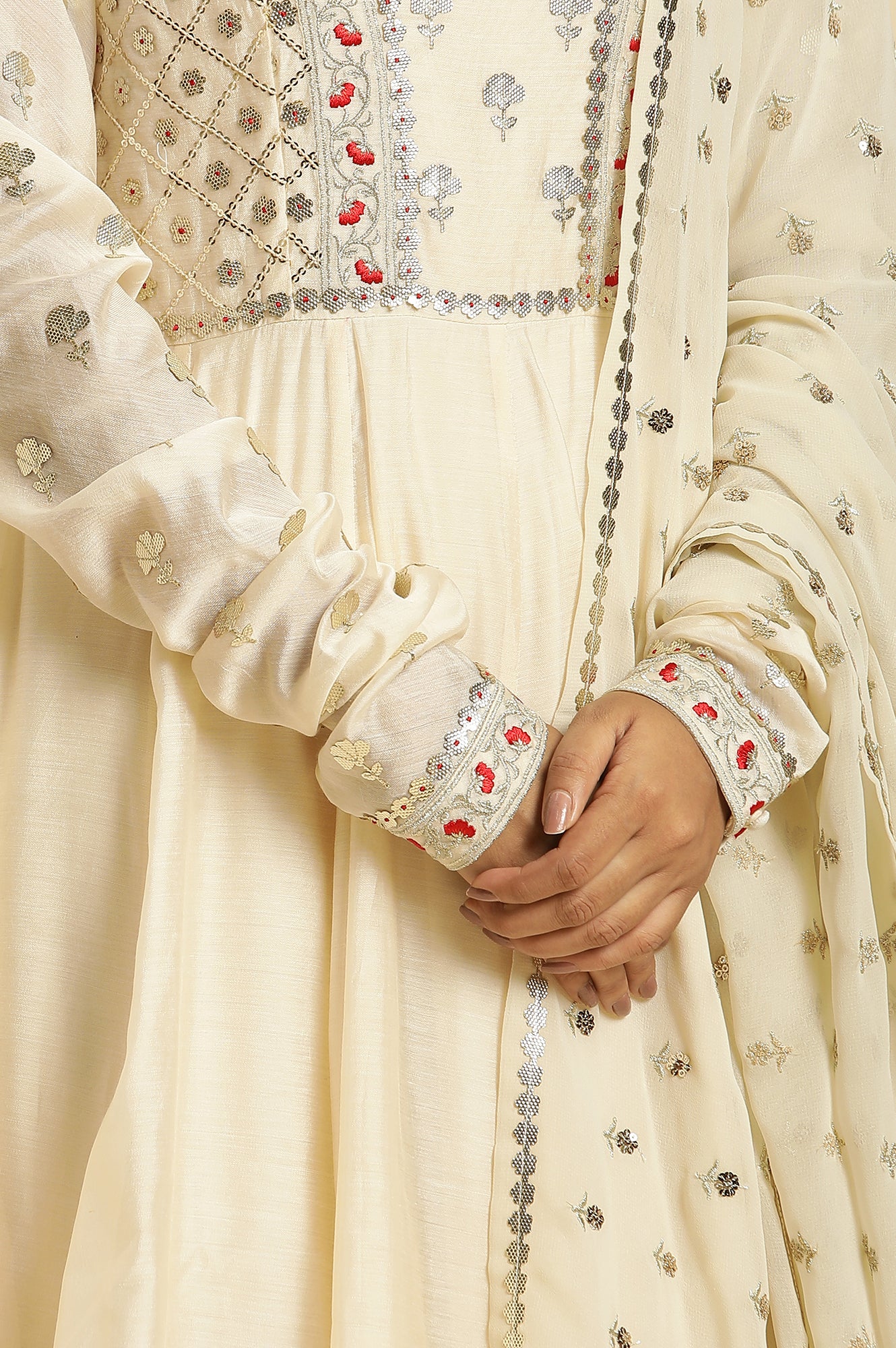 Ecru Chanderi Anakali Flared Kurta And Embroidered Georgette Dupatta Set - Image 8