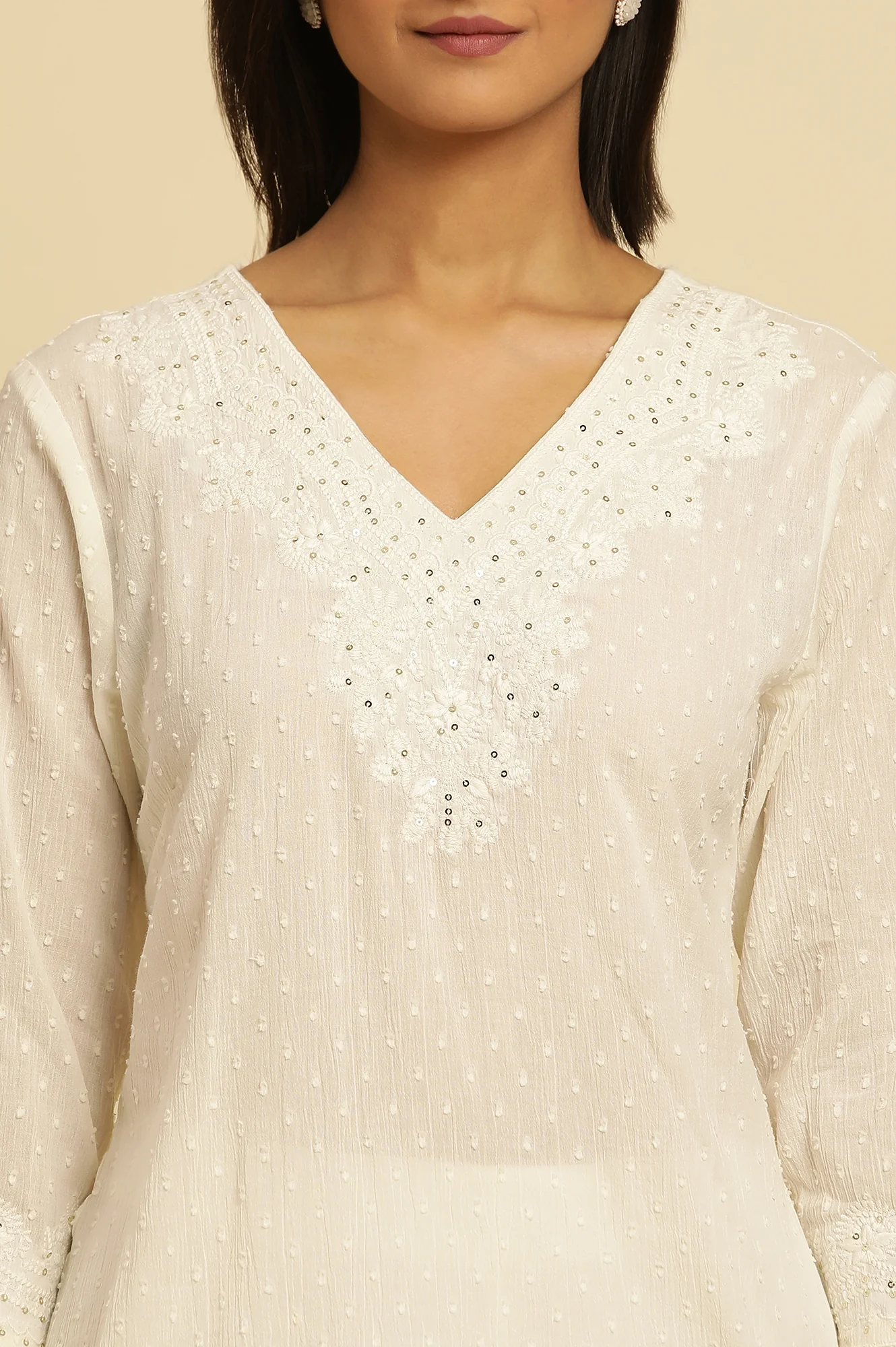 Ecru Chikankari Embroidered Kurta - Image 6