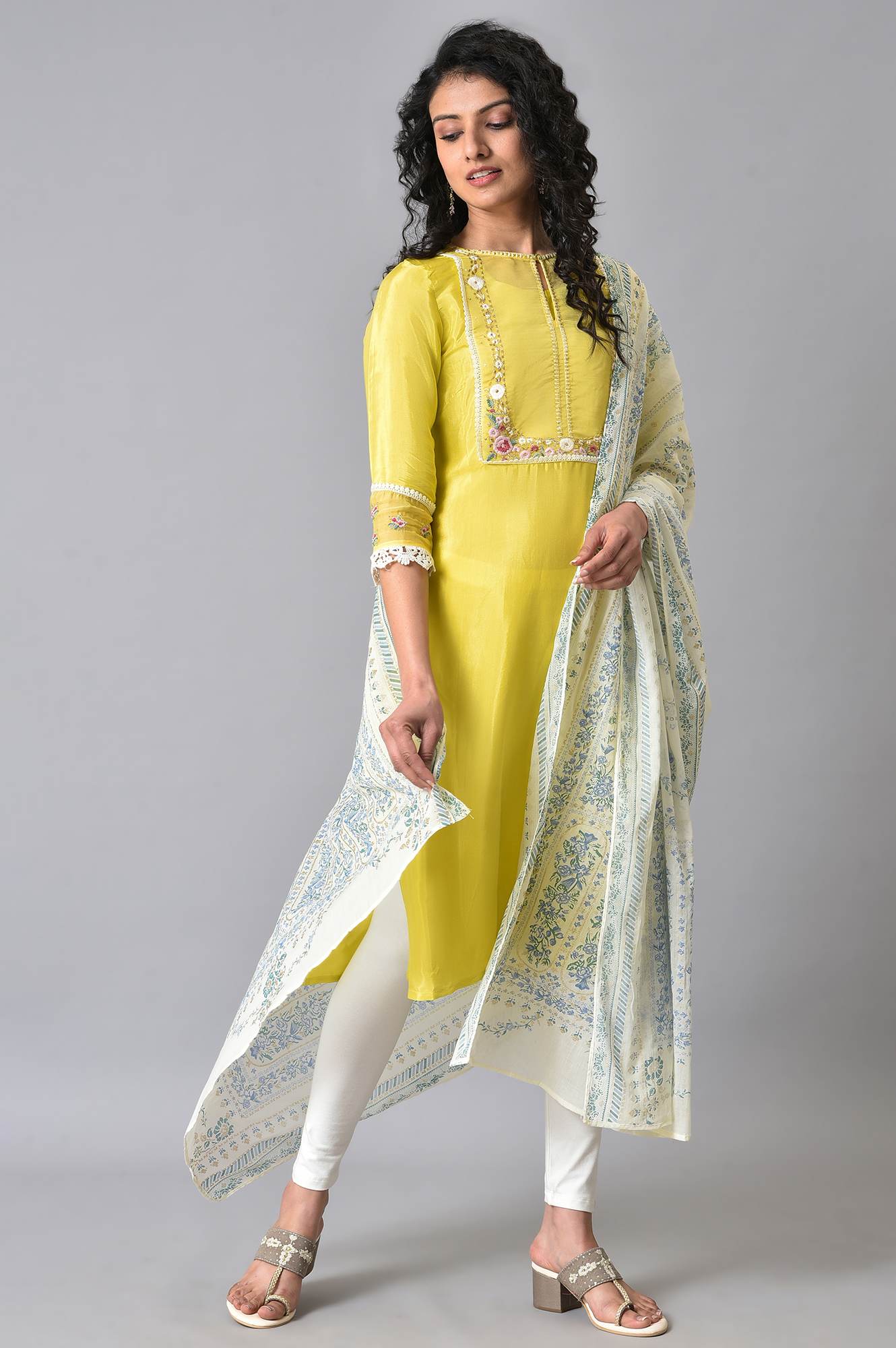 Ecru Colourful Glitter Floral Print Dupatta - Image 2