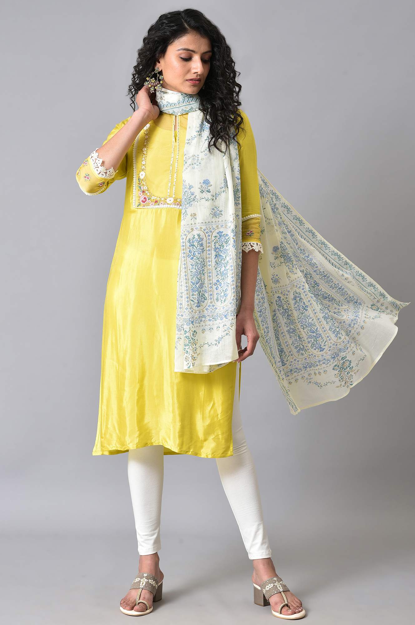 Ecru Colourful Glitter Floral Print Dupatta - Image 3