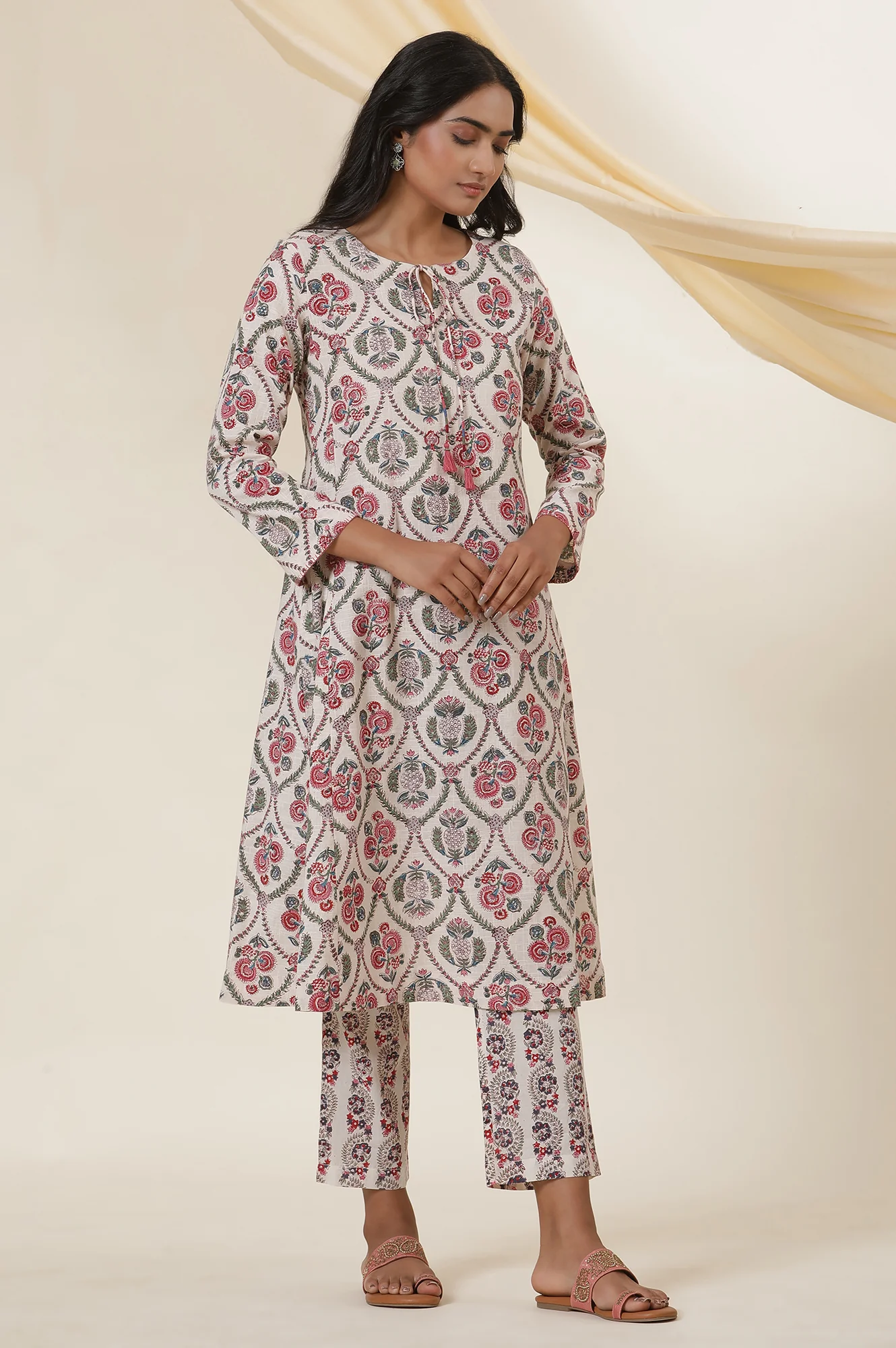 Ecru Cotton Slub Kurta In Multi-Colured Block-Print With Neck-Tie Up - Image 5