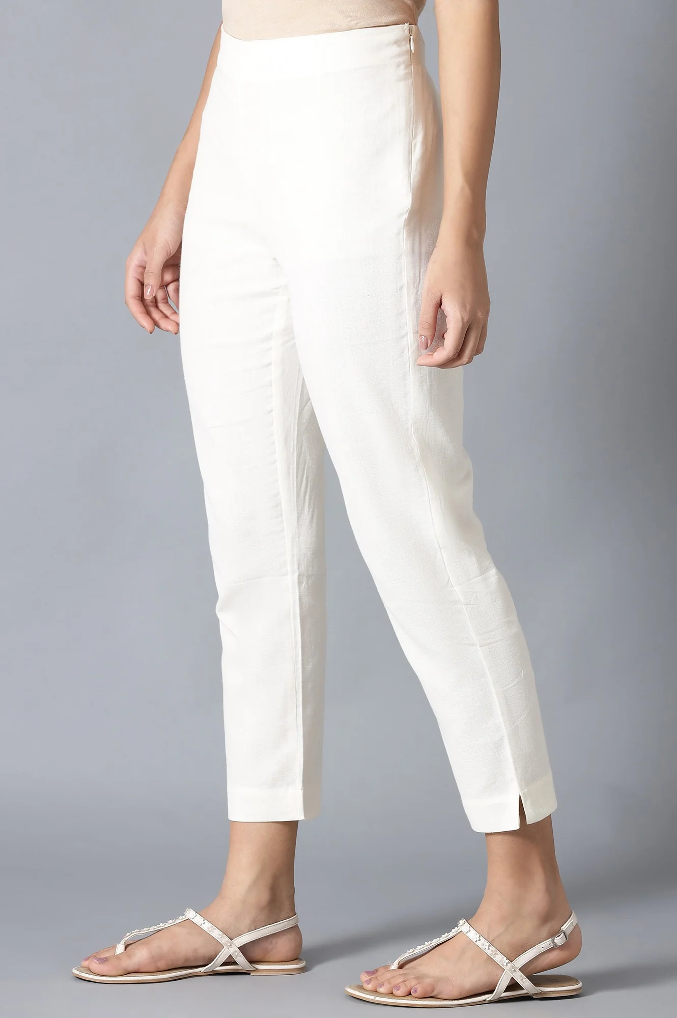 Ecru Flax Solid Slim Pants - Image 3
