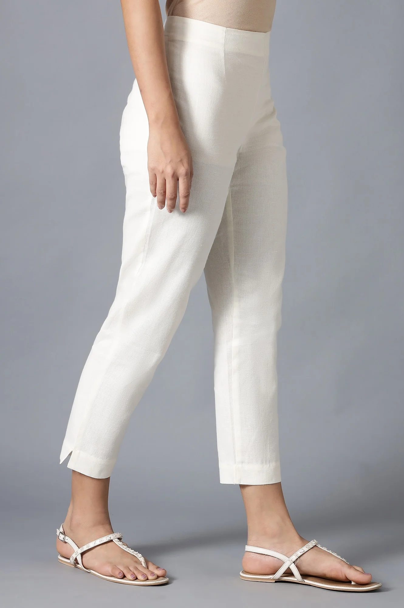 Ecru Flax Solid Slim Pants - Image 4