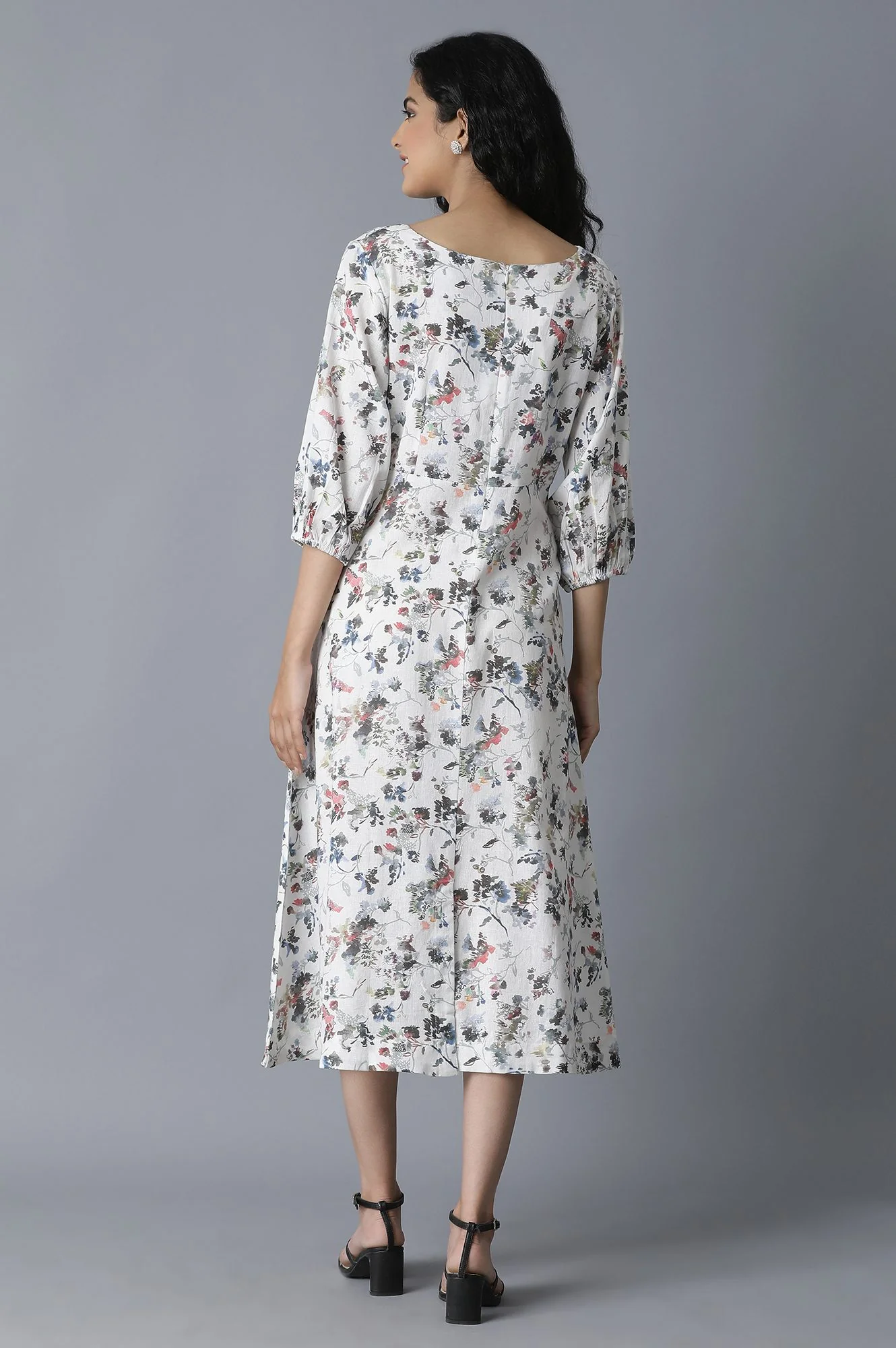 Ecru Floral Print Flared Dress - Image 2