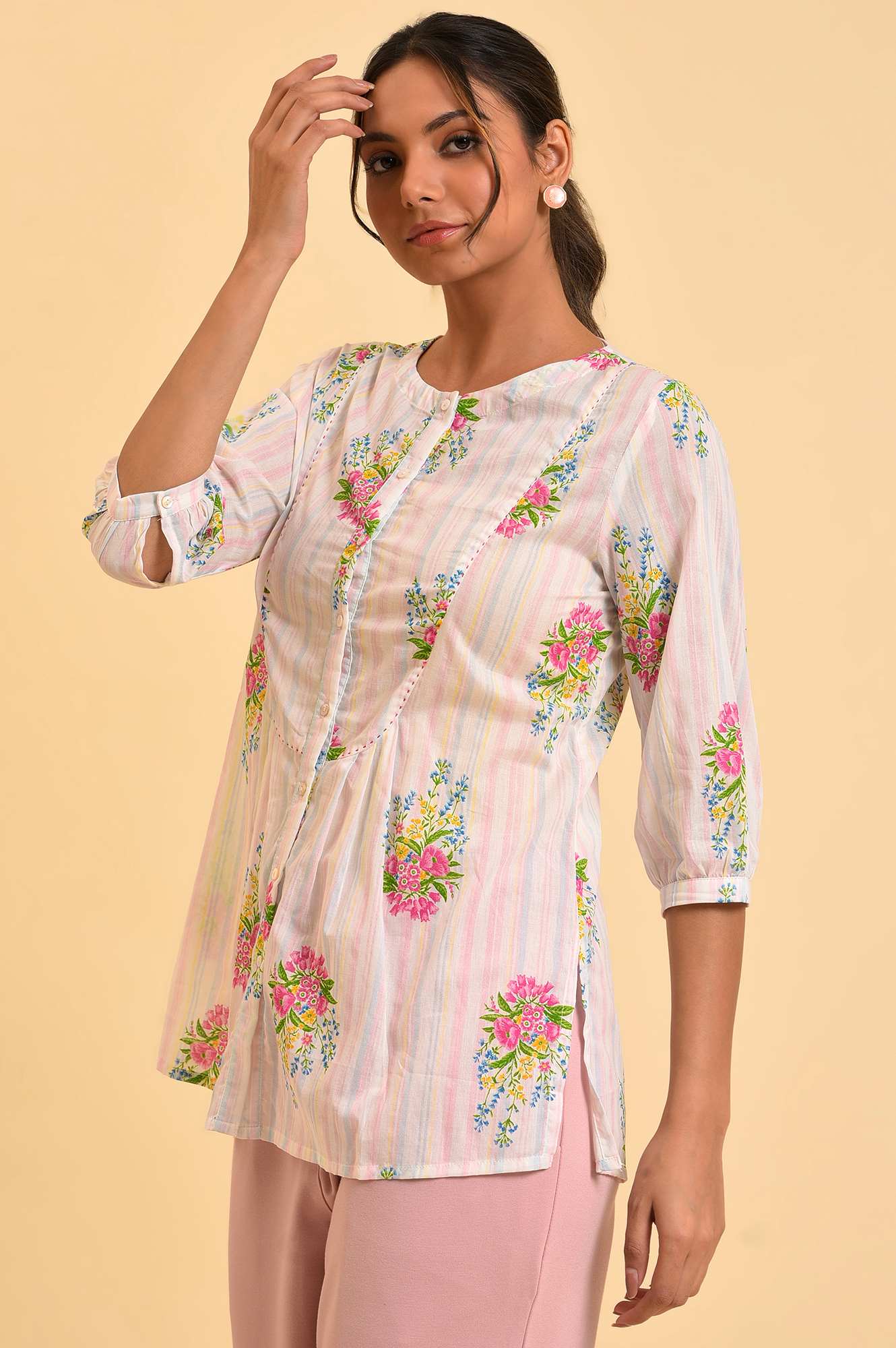 Ecru Floral Printed A-Line Top - Image 3