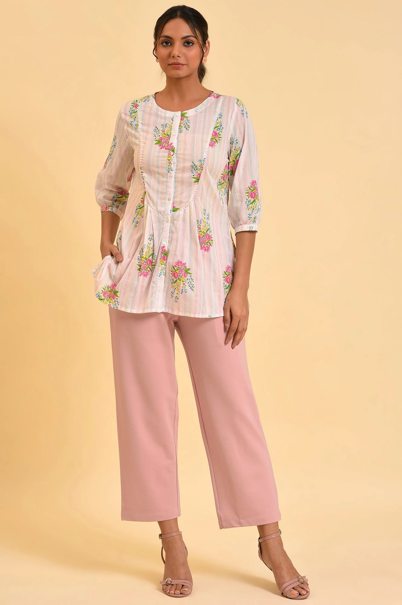 Ecru Floral Printed A-Line Top - Image 5