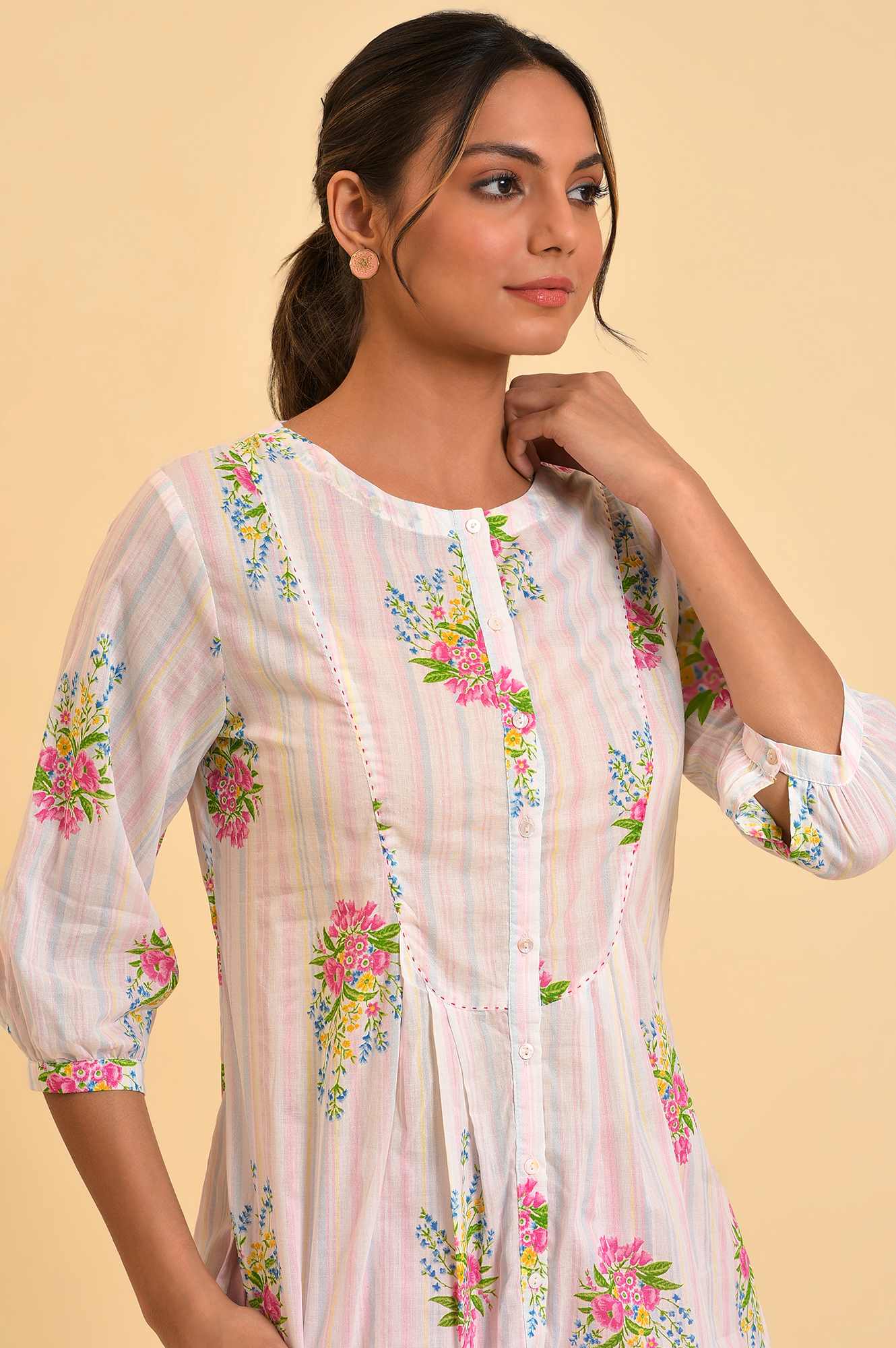 Ecru Floral Printed A-Line Top - Image 6