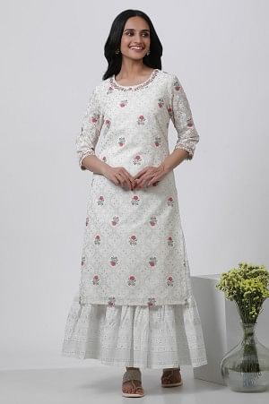 Ecru Floral Printed And Embroidered Festive Kurta - Image 2