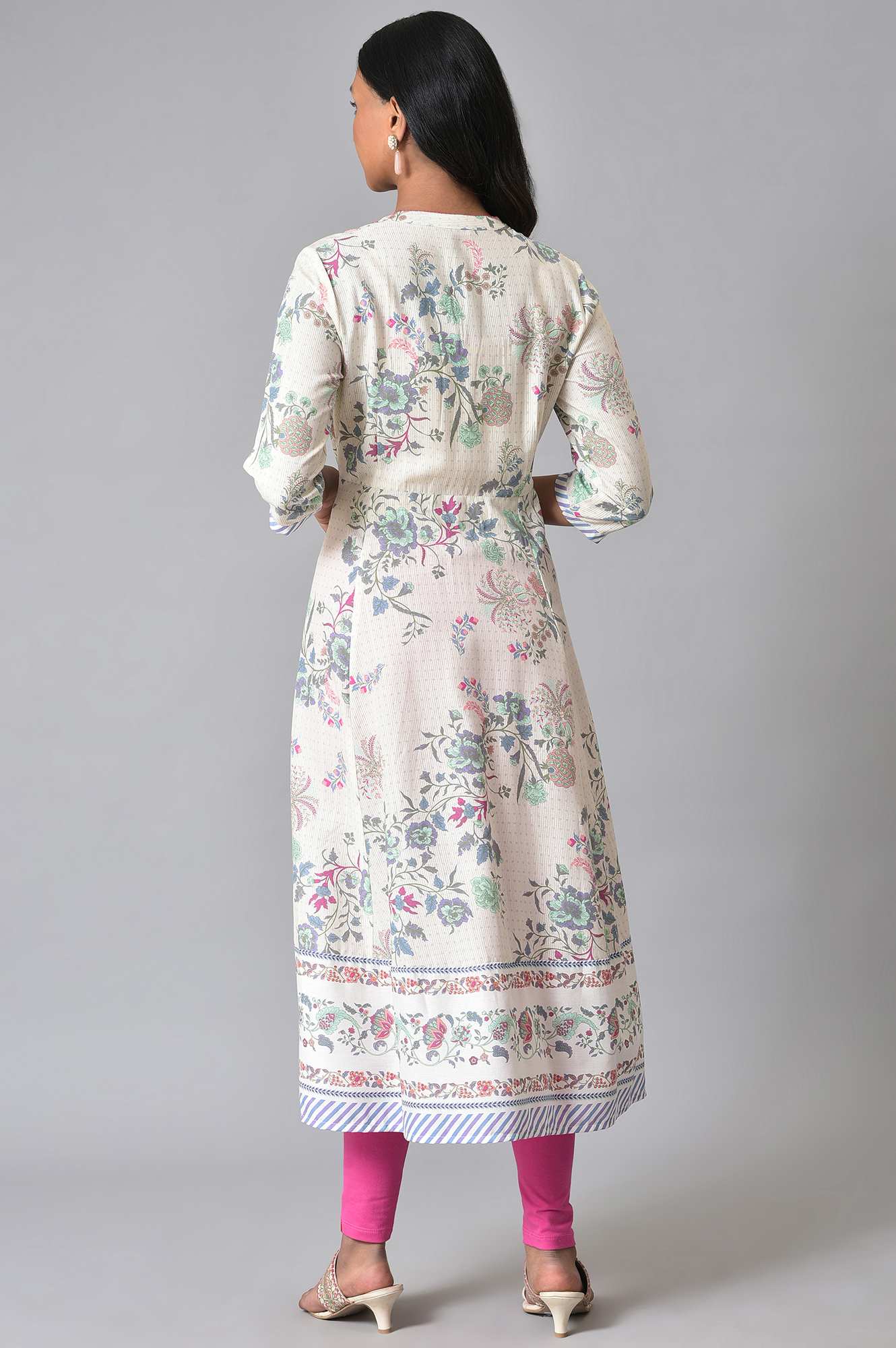 Ecru Floral Printed Flared kurta - Image 2
