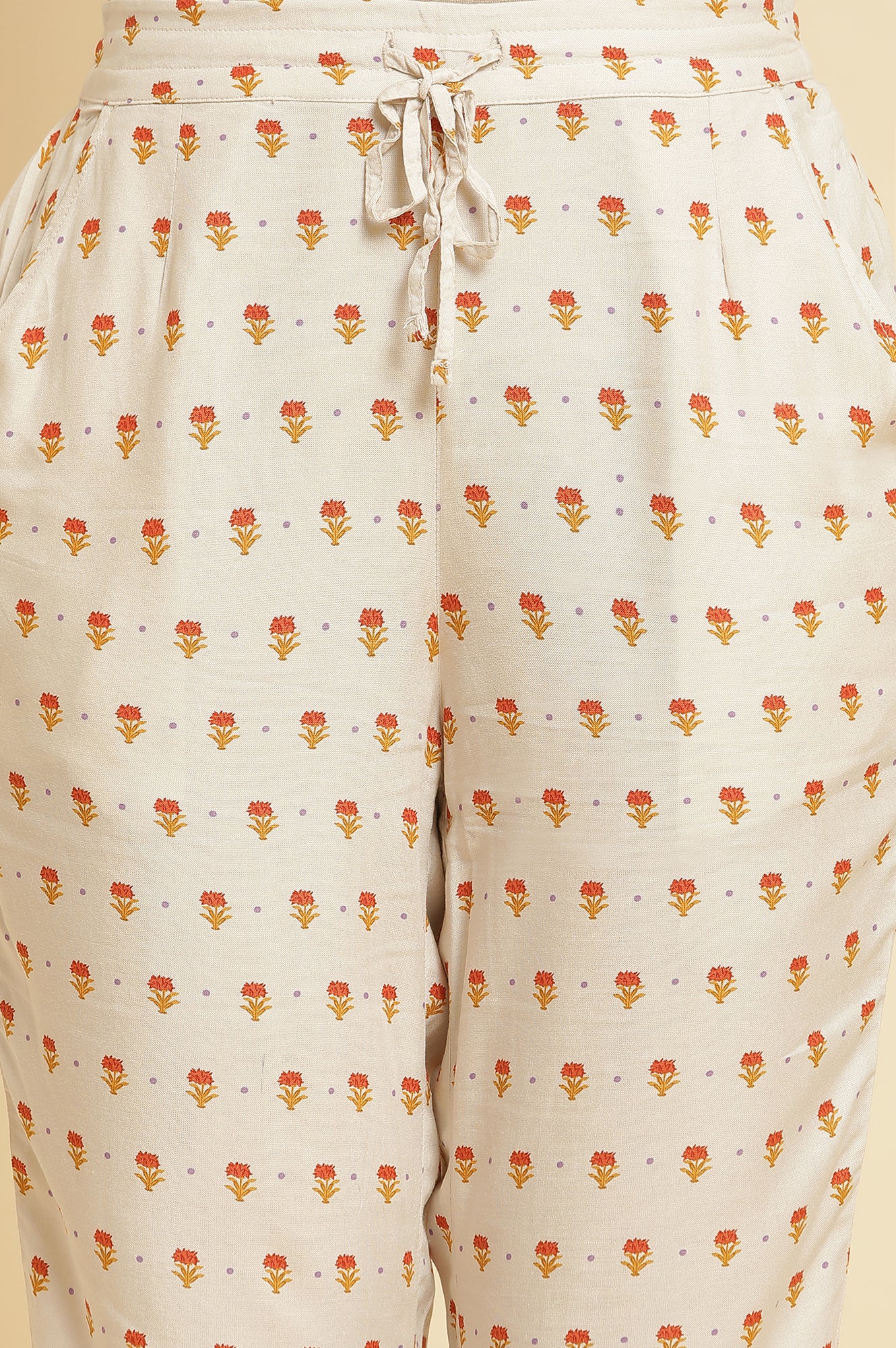 Ecru Floral Printed Kurta, Pants & Dupatta Set - Image 8