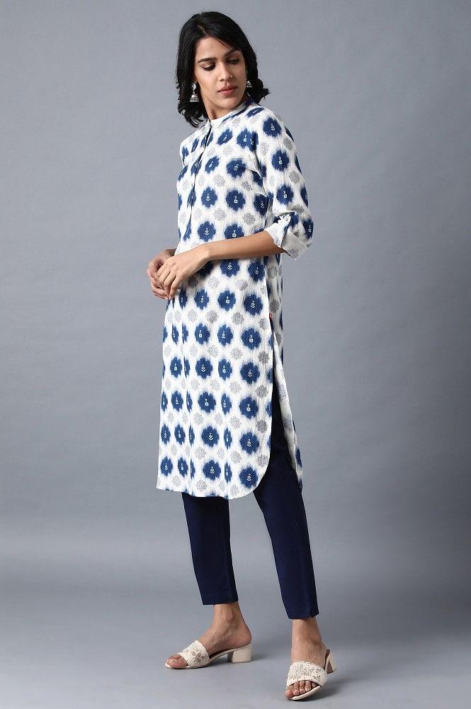 Ecru Mandarin Neck Printed kurta - Image 3