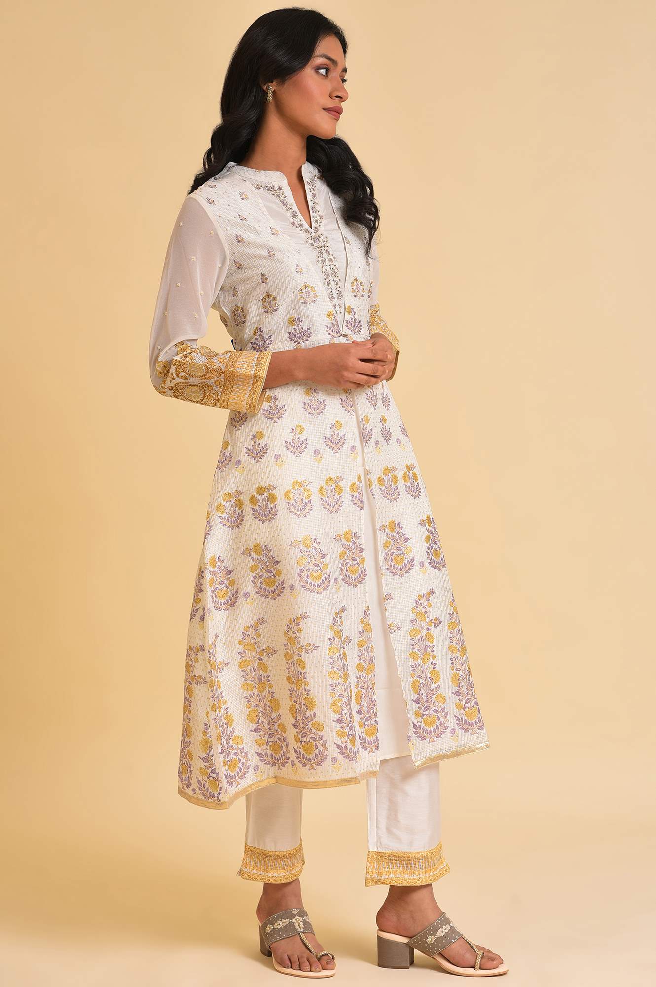 Ecru Mock Layer Printed kurta & Straight Pants Set - Image 4