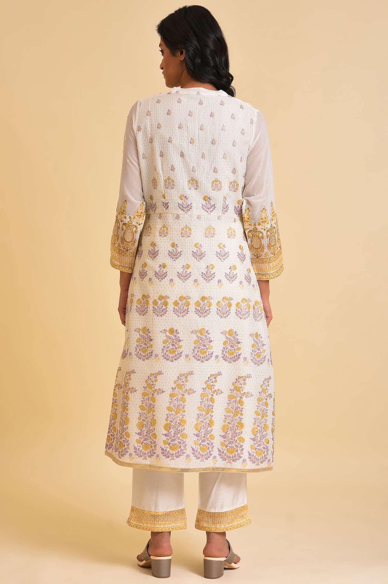 Ecru Mock Layer Printed Kurta & Straight Pants Set - Image 2