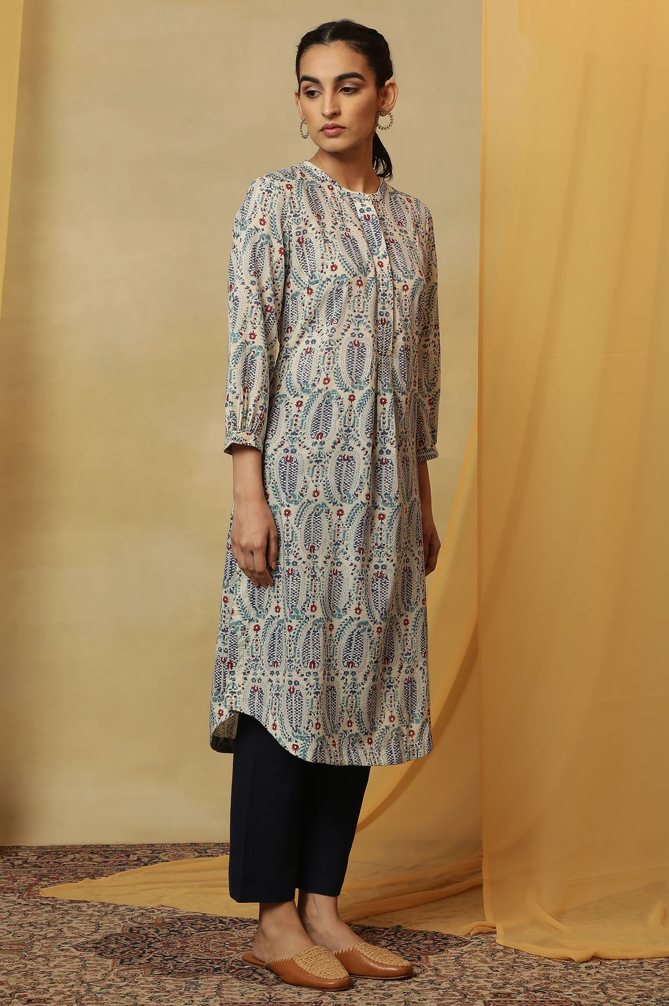Ecru Paisley Hand Block Printed Cotton Kurta - Image 5