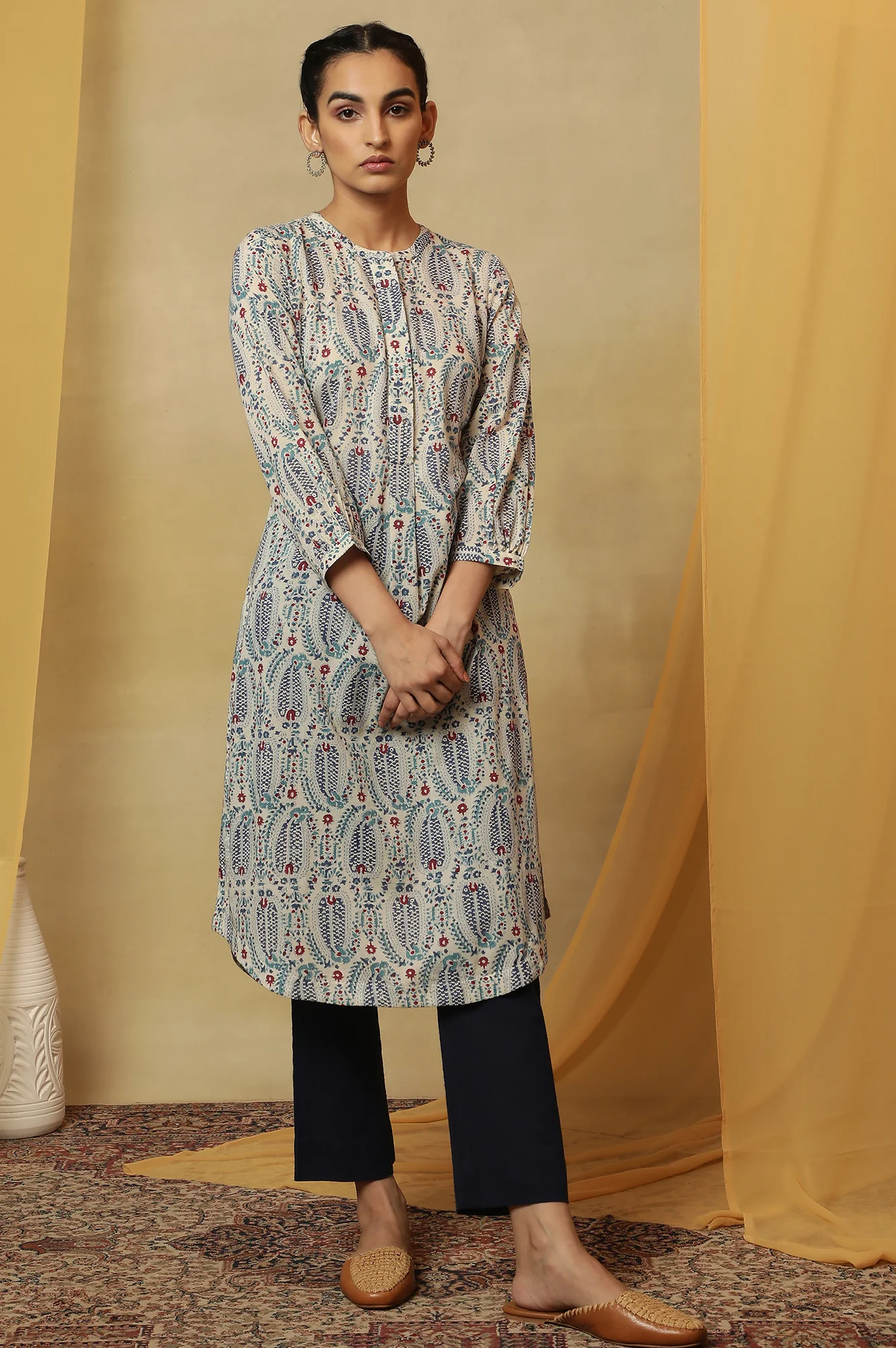 Ecru Paisley Hand Block Printed Cotton Kurta - Image 6