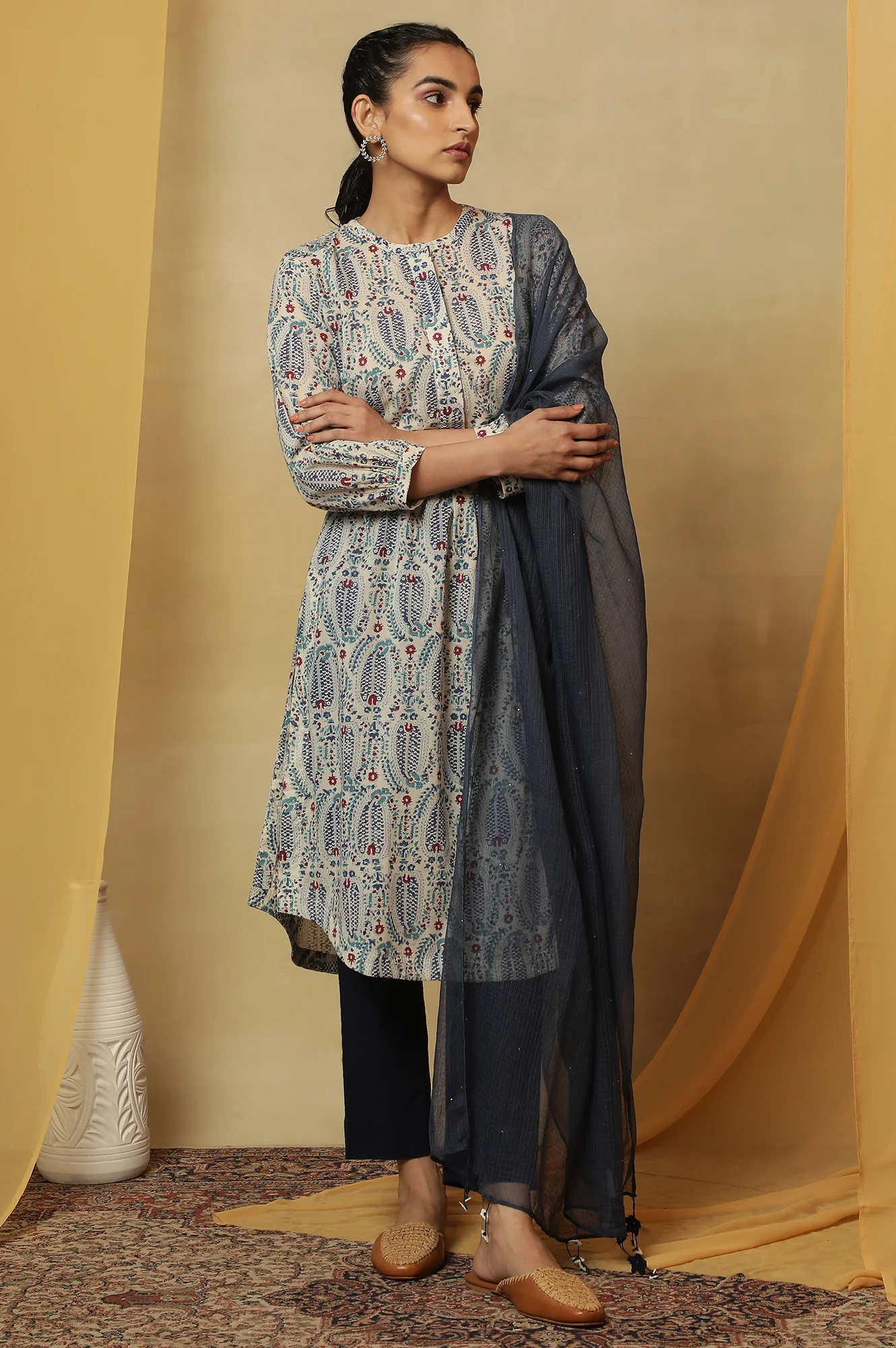 Ecru Paisley Hand Block Printed Cotton Kurta - Image 7