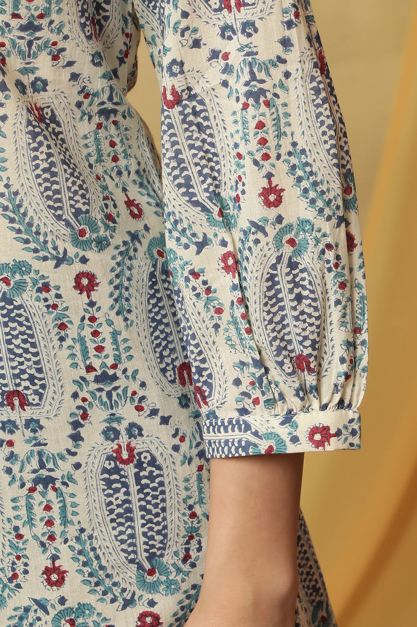 Ecru Paisley Hand Block Printed Cotton Kurta - Image 8