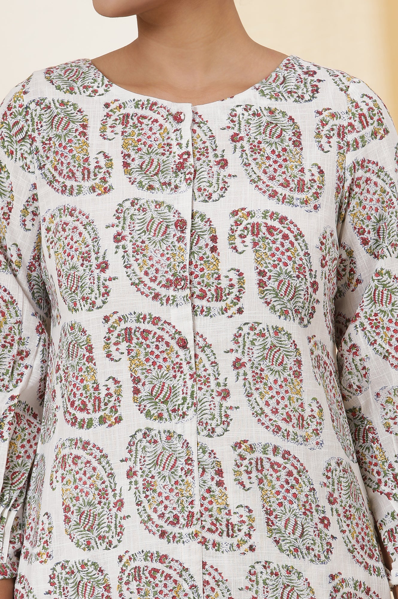 Ecru Paisley Handblock Printed Cotton Slub Straight Kurta And Pants Set - Image 6