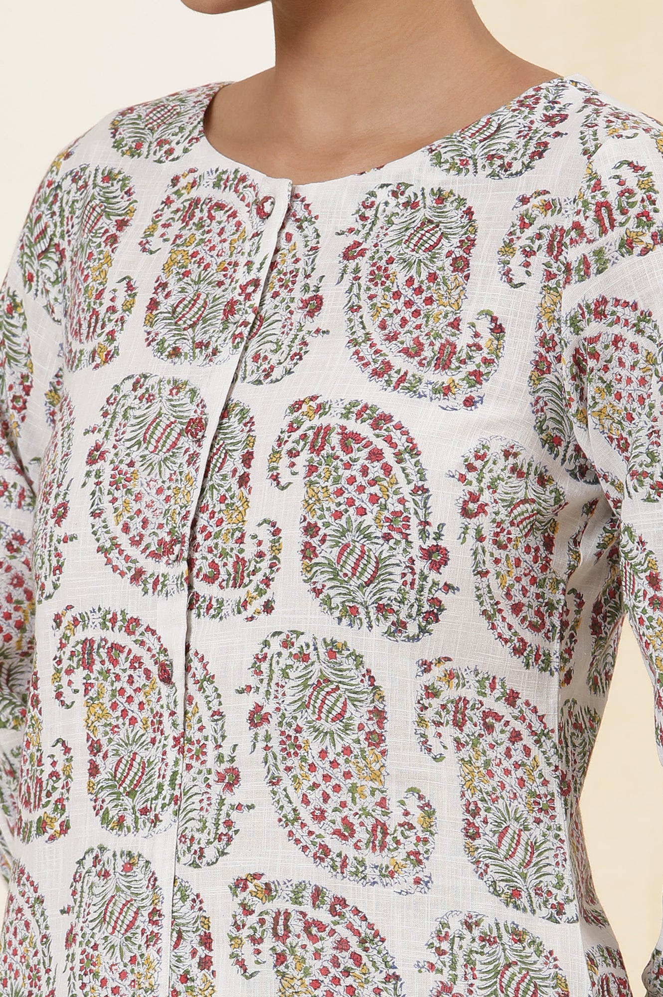 Ecru Paisley Handblock Printed Cotton Slub Straight Kurta And Pants Set - Image 7