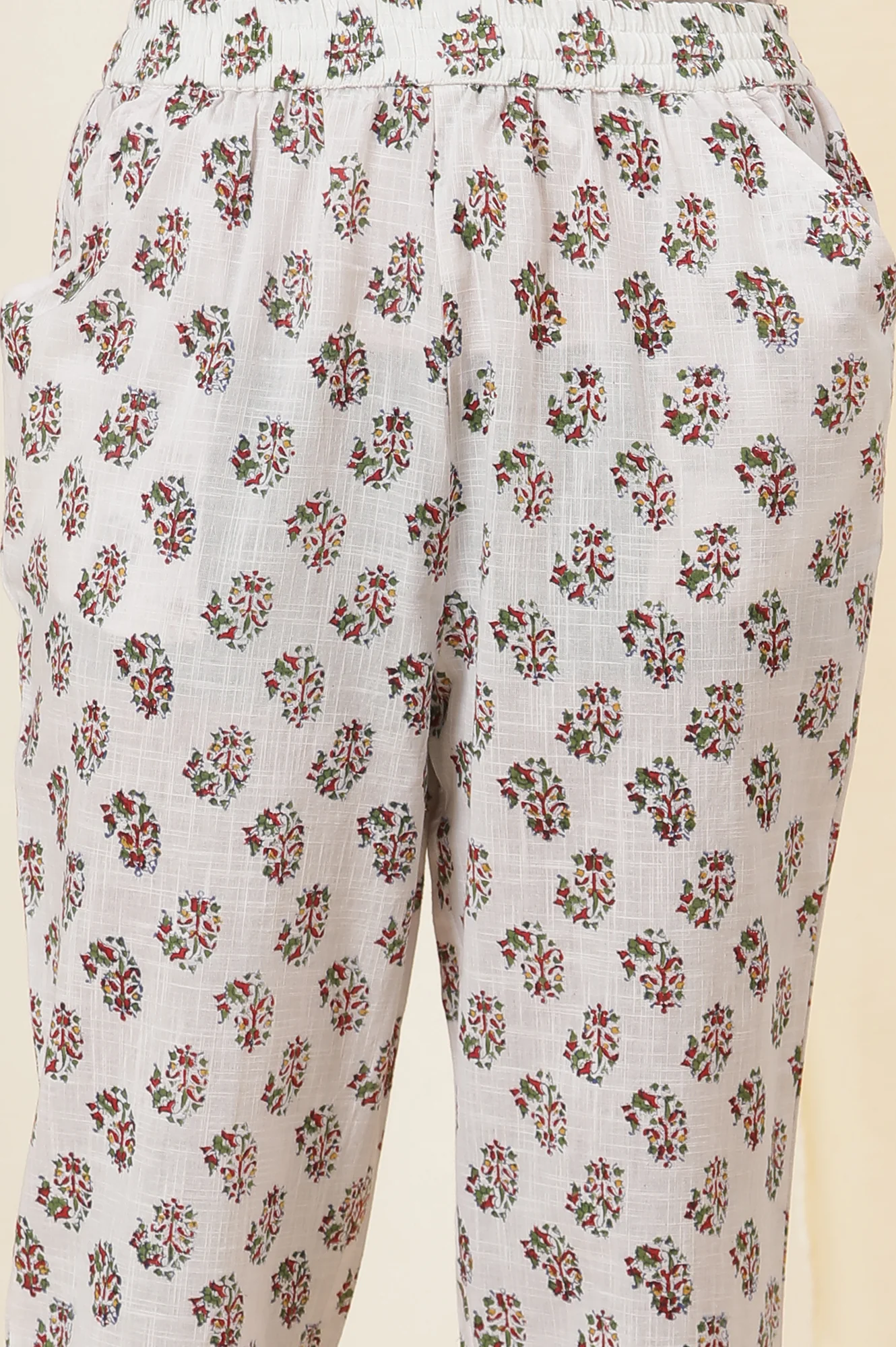 Ecru Paisley Handblock Printed Cotton Slub Straight Kurta And Pants Set - Image 8