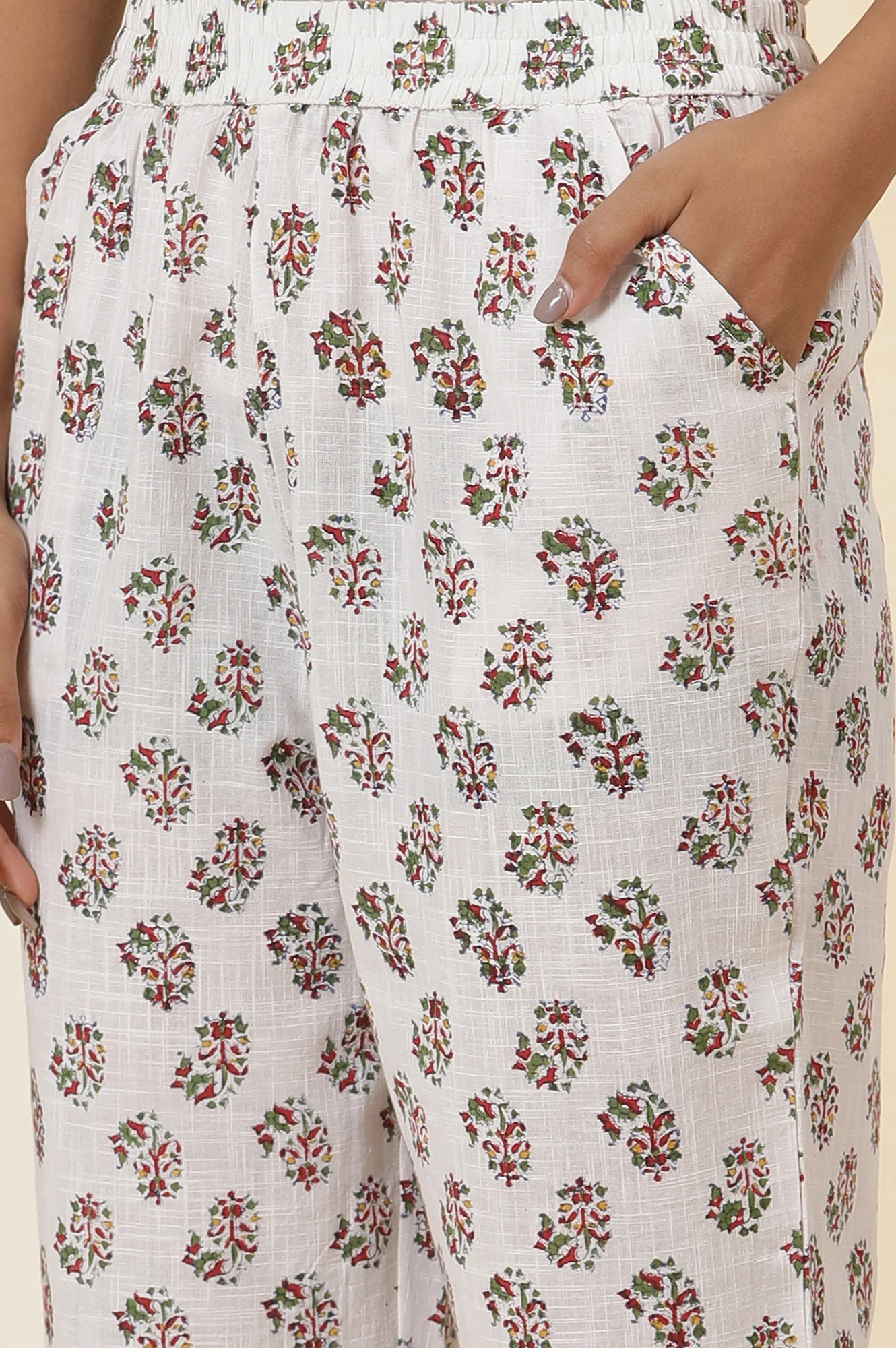 Ecru Paisley Handblock Printed Cotton Slub Straight Kurta And Pants Set - Image 9