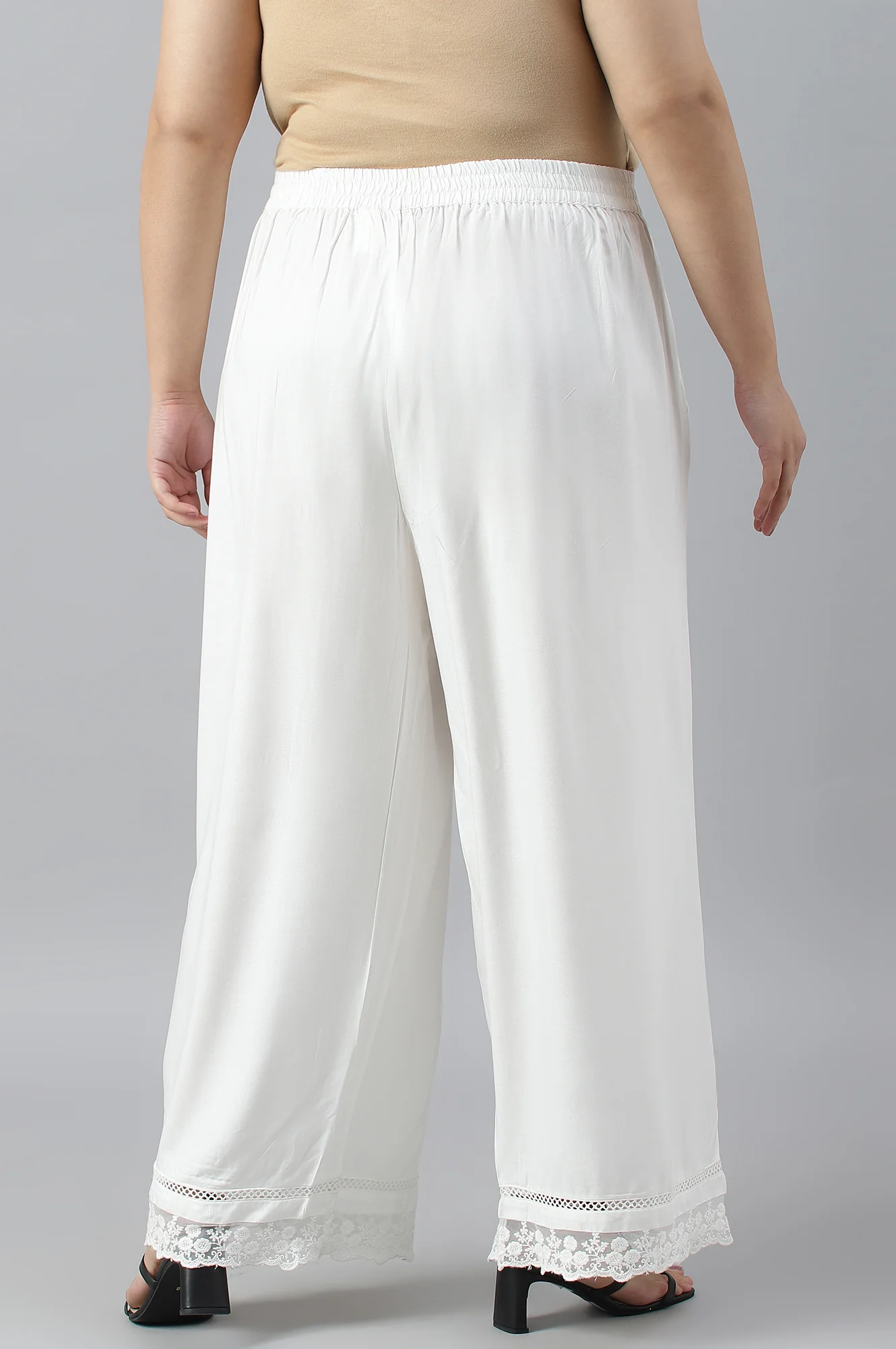 Ecru Parallel Pants With Lace At Hemline - Image 2