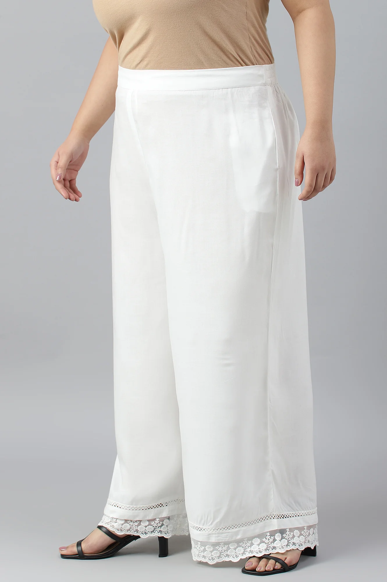 Ecru Parallel Pants With Lace At Hemline - Image 3
