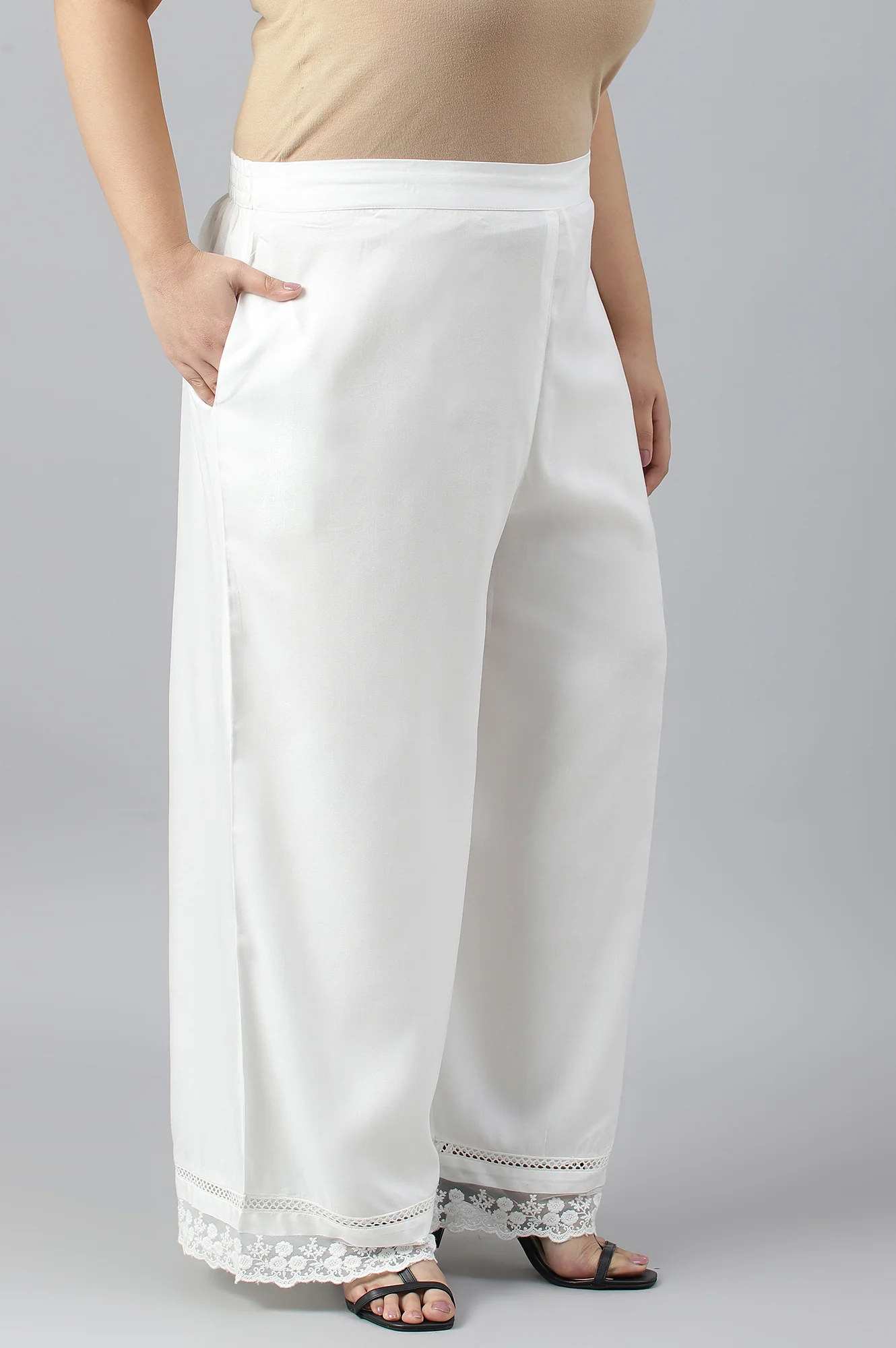 Ecru Parallel Pants With Lace At Hemline - Image 4