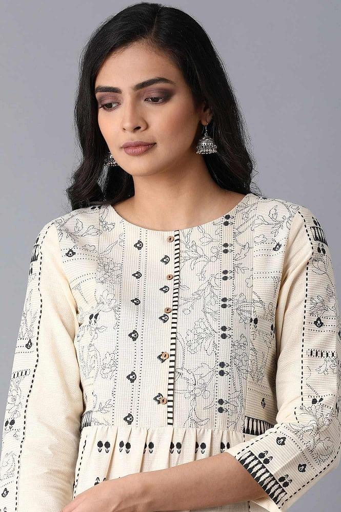 Ecru Printed Gathered kurta - Image 5