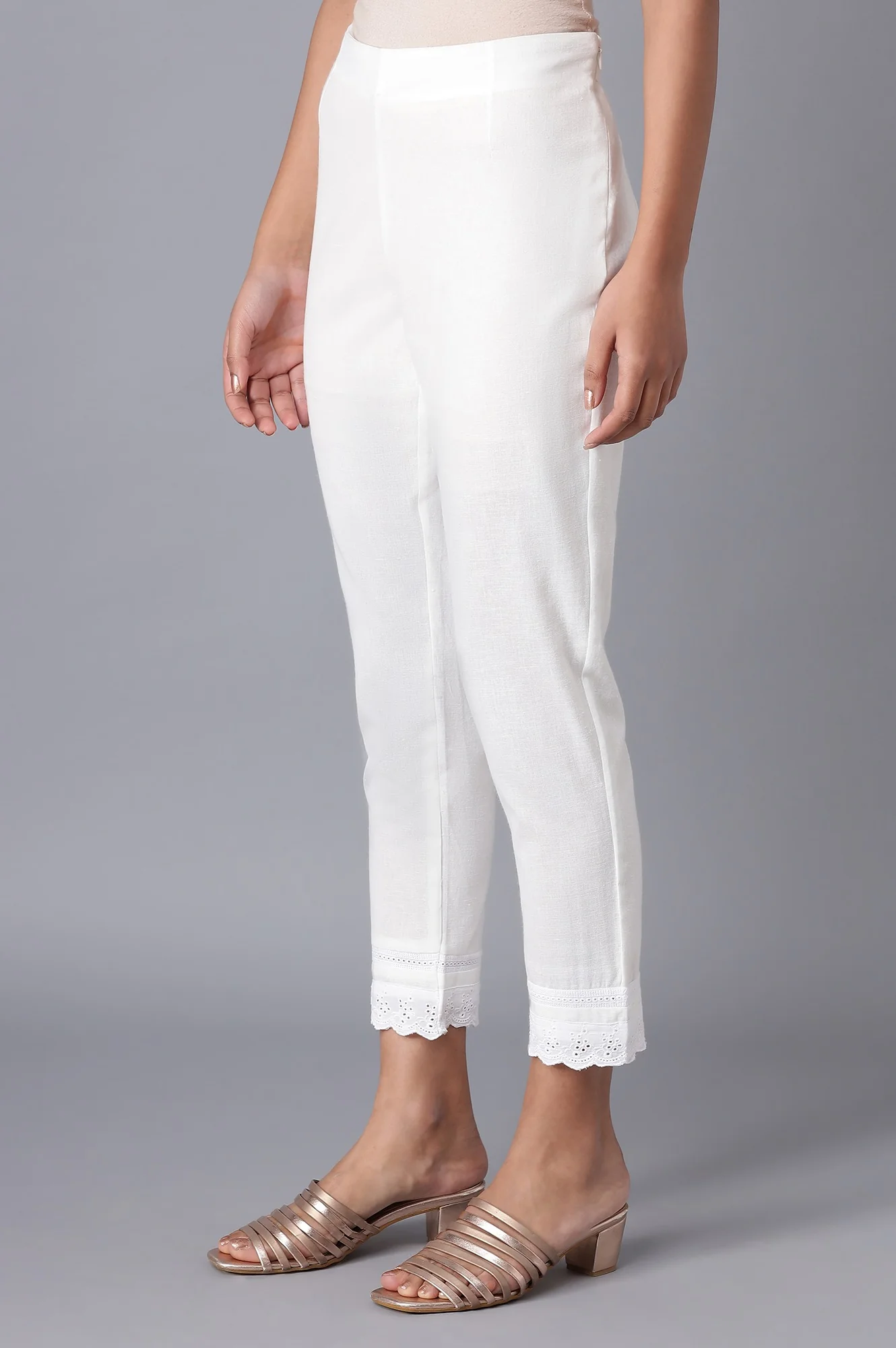 Ecru Slim Pants with Lace - Image 3