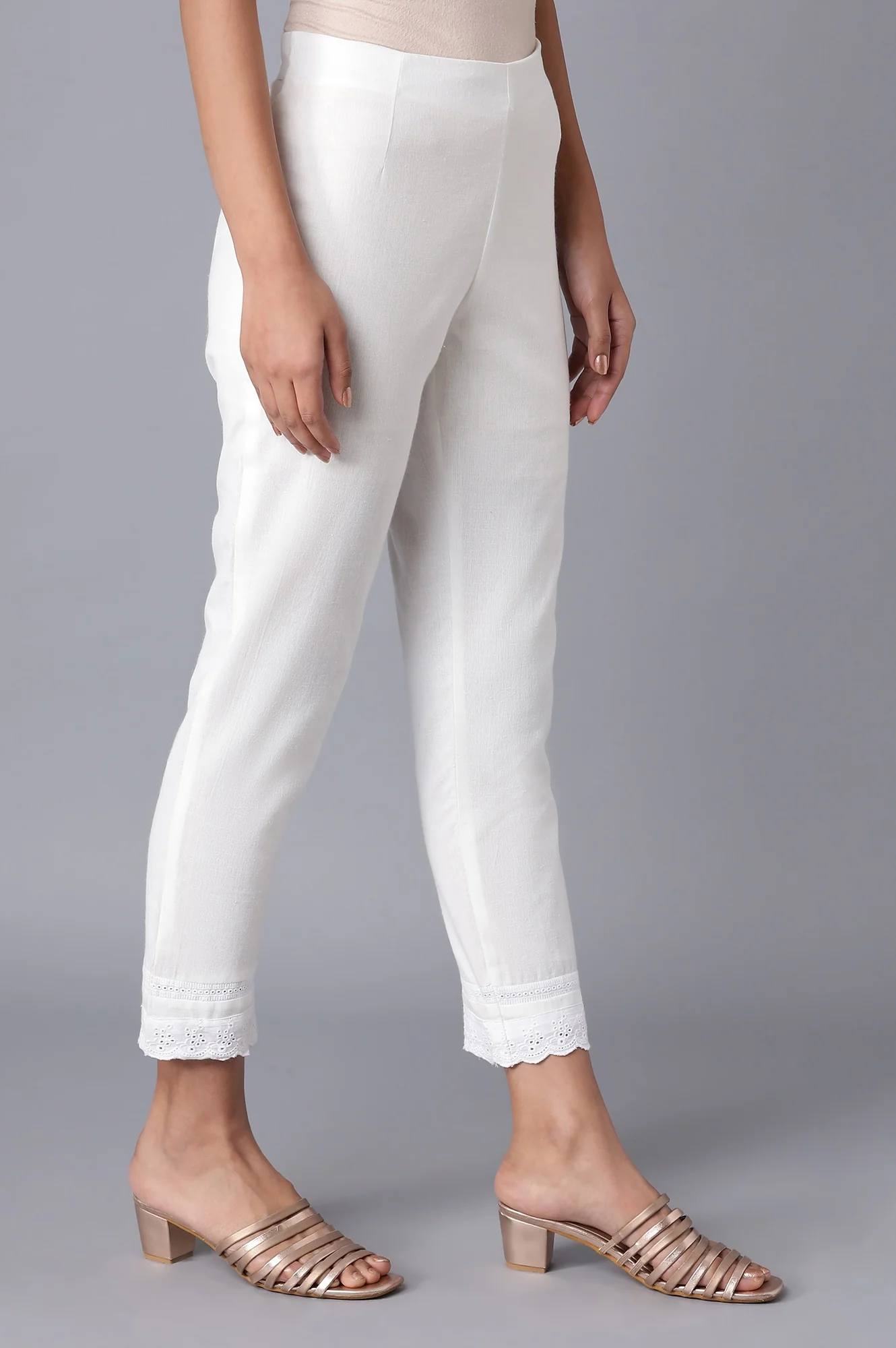 Ecru Slim Pants with Lace - Image 4