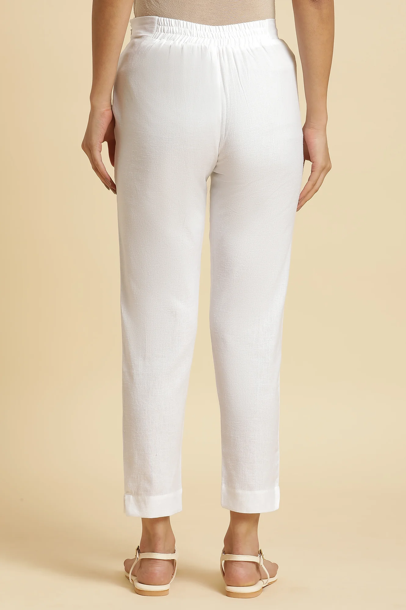 Ecru Solid Cotton Flax Slim Pants - Image 3