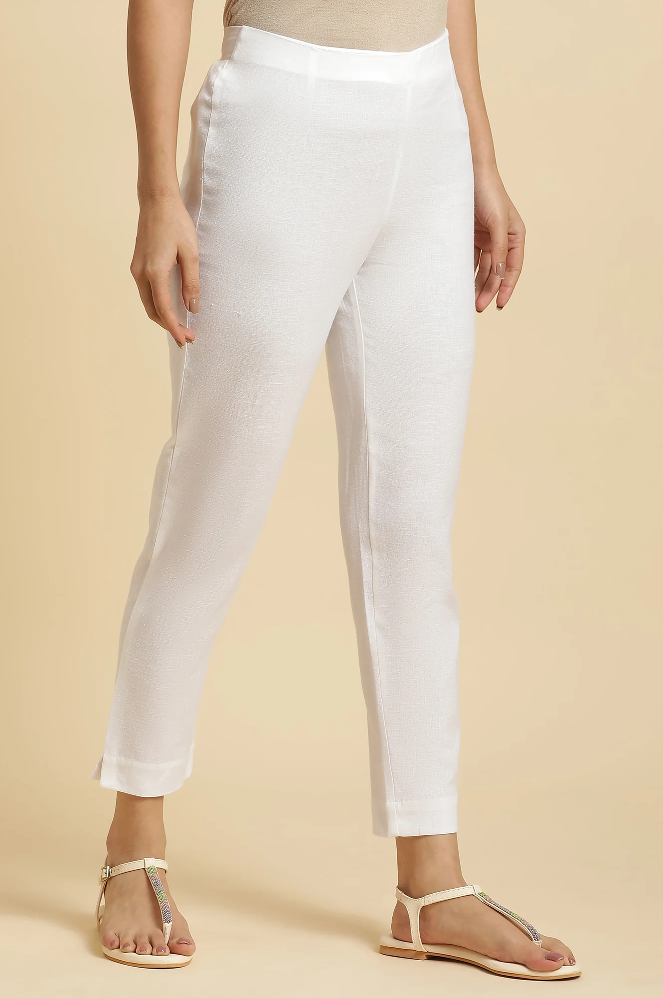 Ecru Solid Cotton Flax Slim Pants - Image 4